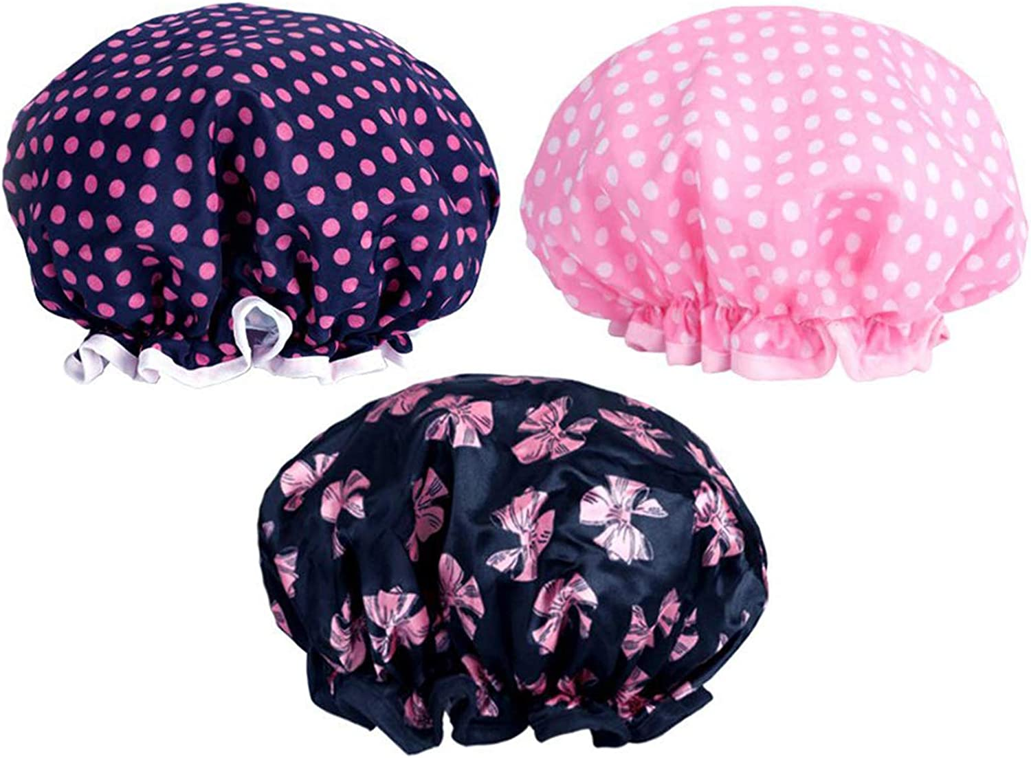 Kissdate 3 Packs Double Layer Shower Cap Waterproof Elastic Bath Cap for Women Shower Spa Salon
