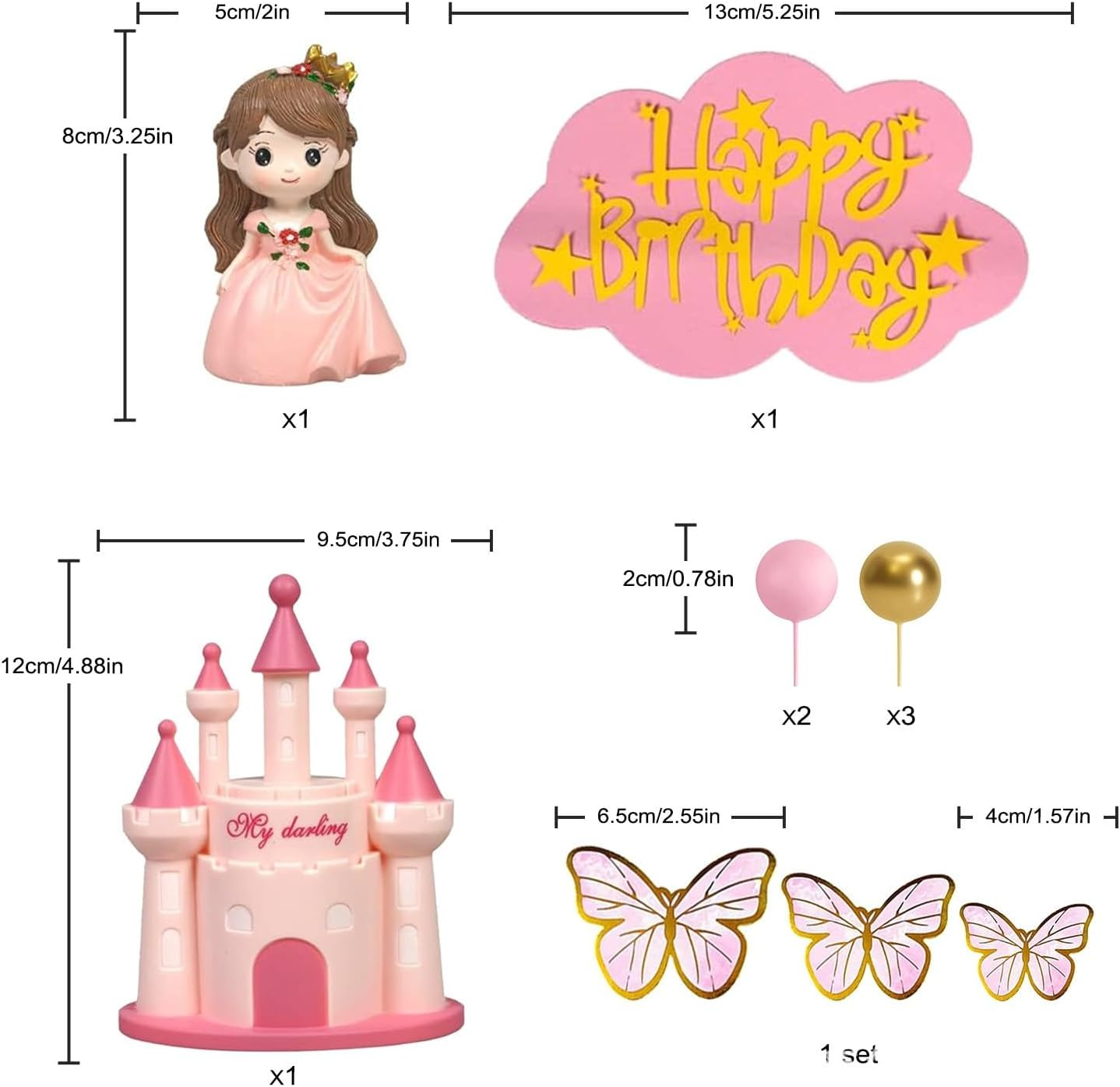 18 PCS Pink Princess Cake Topper Castle Cake Decoration with Butterflies and Balls for Girl Kid Happy Birthday Party Decorations Princess Baby Shower Supplies image number 3
