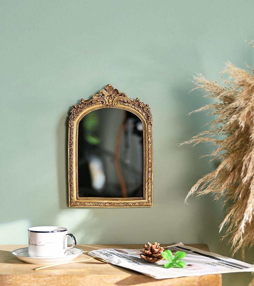 Small Gold Vintage Vanity Desk Makeup Mirror, Antique Decorative Wall Mirror, (12 X 19Cm) Resin Carved Arch Table Mirror with Stand for Living Room,Bedroom Dresser,Desktop Decor image number 2