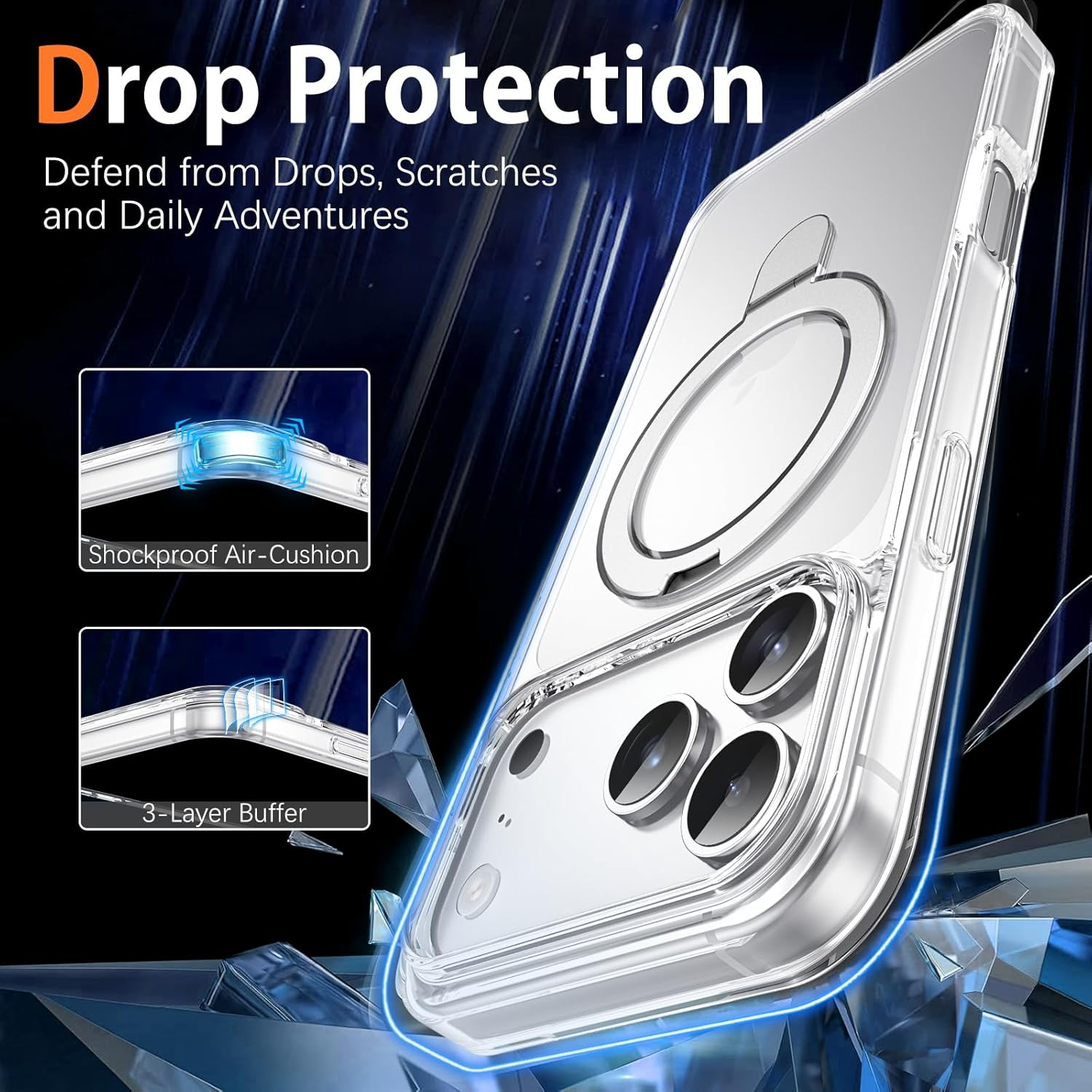 DUEDUE Magnetic Case for Iphone 17 Pro Max 6.9" with 360&deg; Rotatable Ring Stand, [Compatible with Magsafe] Shockproof Slim Fit Thin Phonetransparent Full Protection Cover for Iphone 17 Pro Max, Clear image number 6