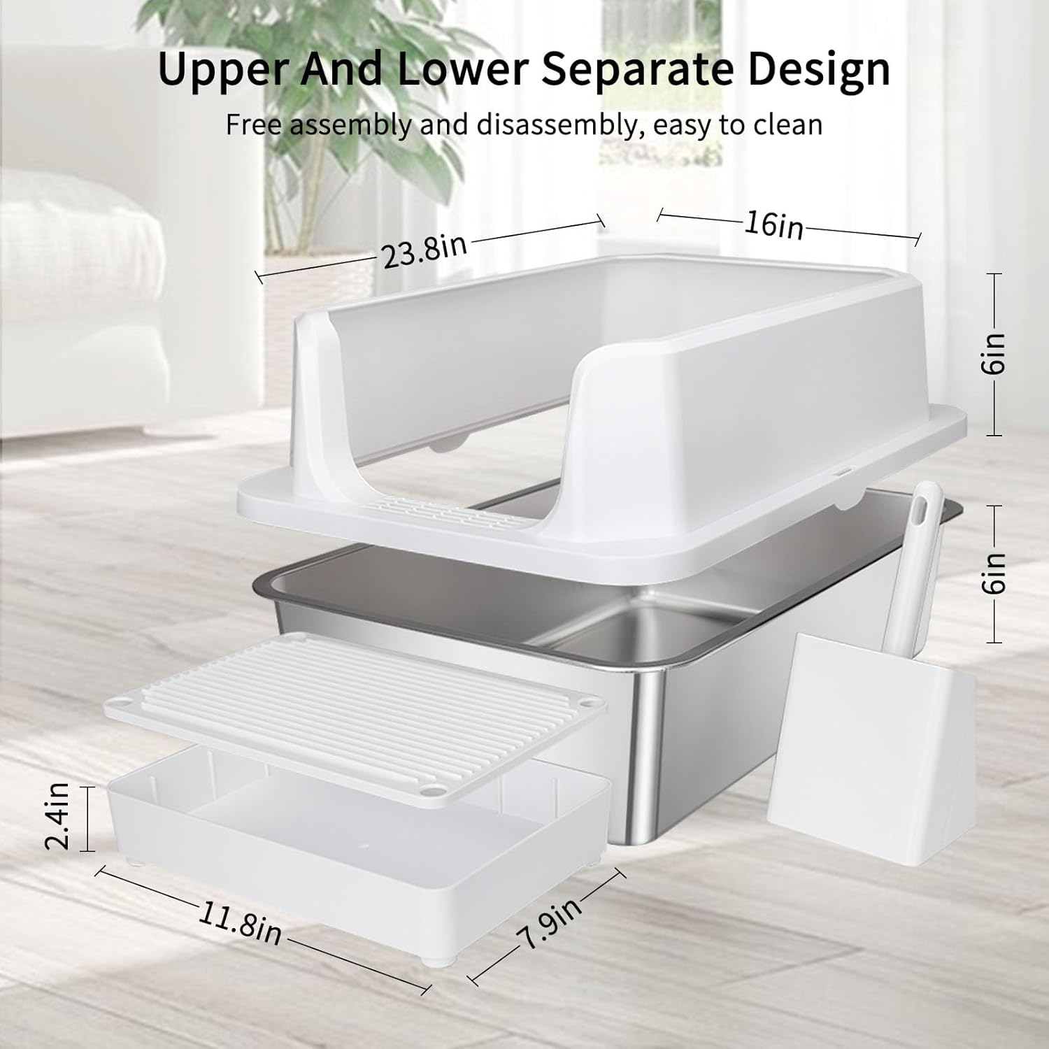 RIZZARI Stainless Steel Cat Litter Box, Semi-Enclosed Litter Box with Raised Edges, Anti-Leakage & Odorless, Large Litter Box for Small to Large Sized Cats (White)