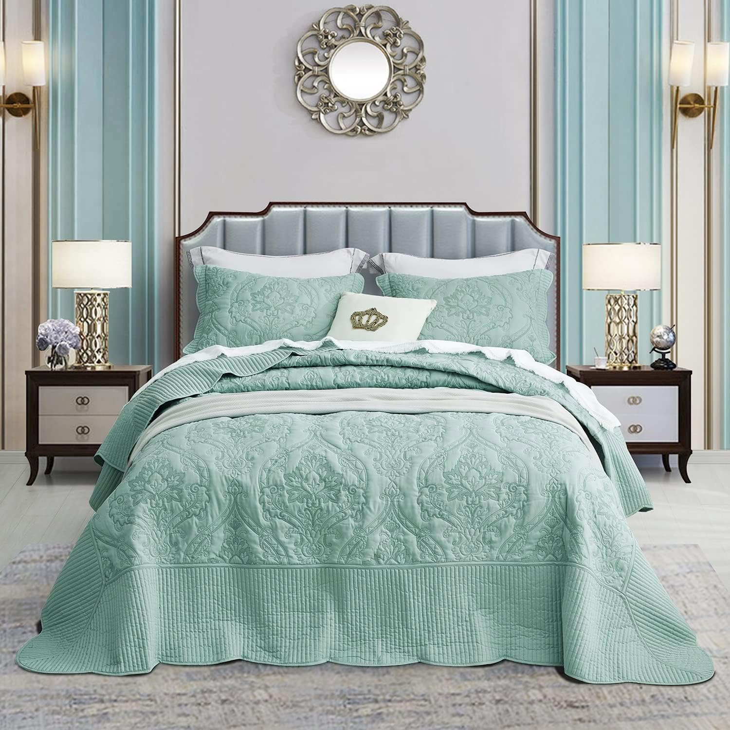 CHIXIN Oversized King Bedspread 128X120 Extra Wide - Lightweight Bedding Cover - Beautiful Stitching - 4 Piece Reversible Bedspread - Gorgeous Damask Paisley Pattern (King/Cal King, Seaglass) image number 3