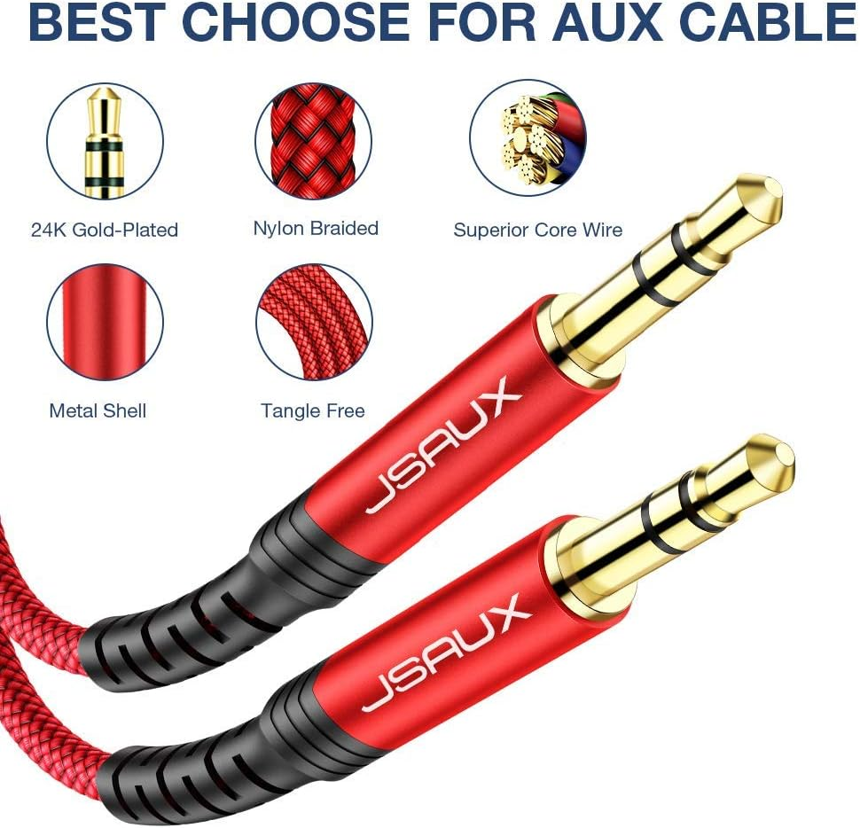 JSAUX AUX Cable, [1.2M/2Pack- Copper Shell, Hi-Fi Sound] 3.5Mm Auxiliary Audio Cable Nylon Braided Aux Cord Compatible with Car/Home Stereos,Speaker,Headphones,Sony,Echo Dot,Beats - Red image number 5