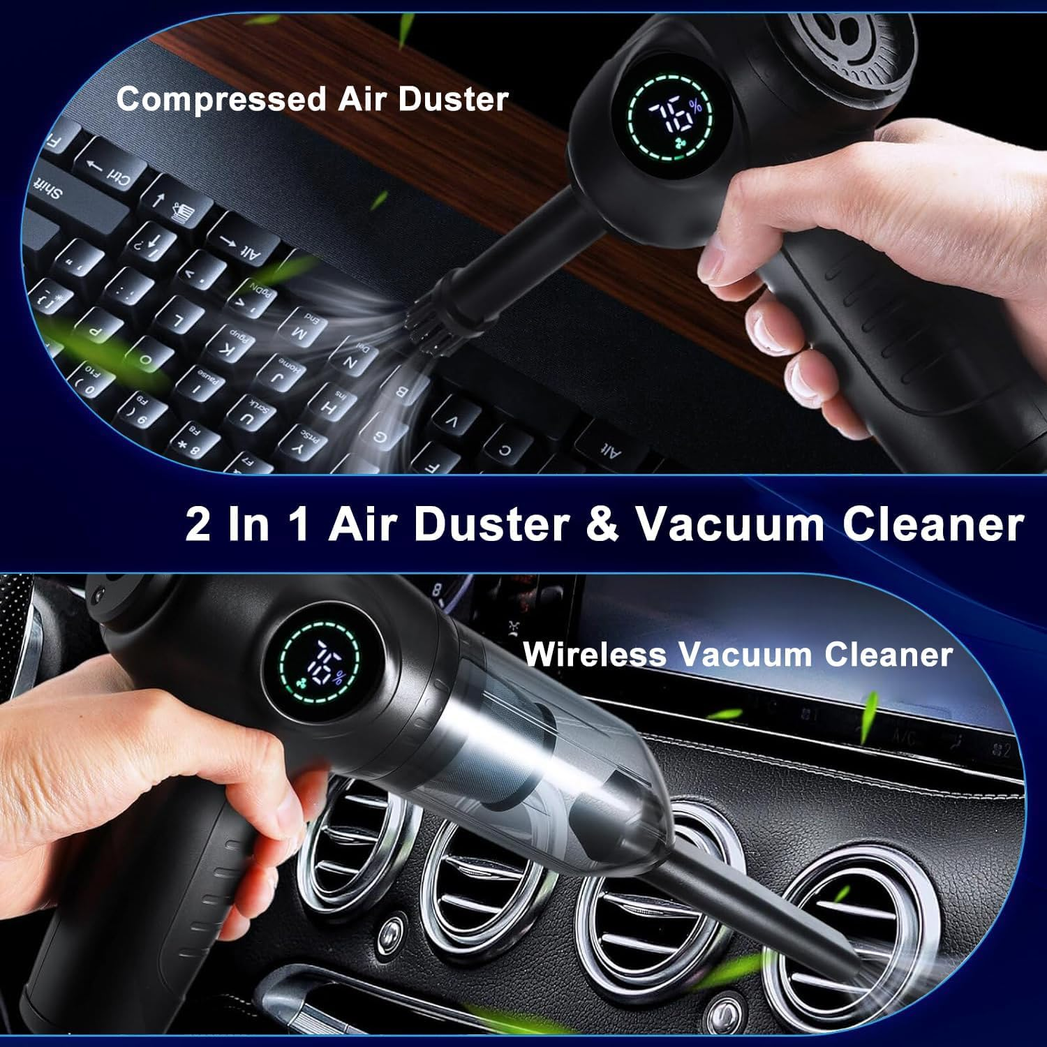 2 in 1 Handheld Vacuum Cleaner & Compressed Air Duster, Portable Cordless Vacuum Cleaner for Car, Electric Dust Air Blower for Home, PC, Keyboard, 3 Gear, 100000Rpm, 6000Mah image number 1