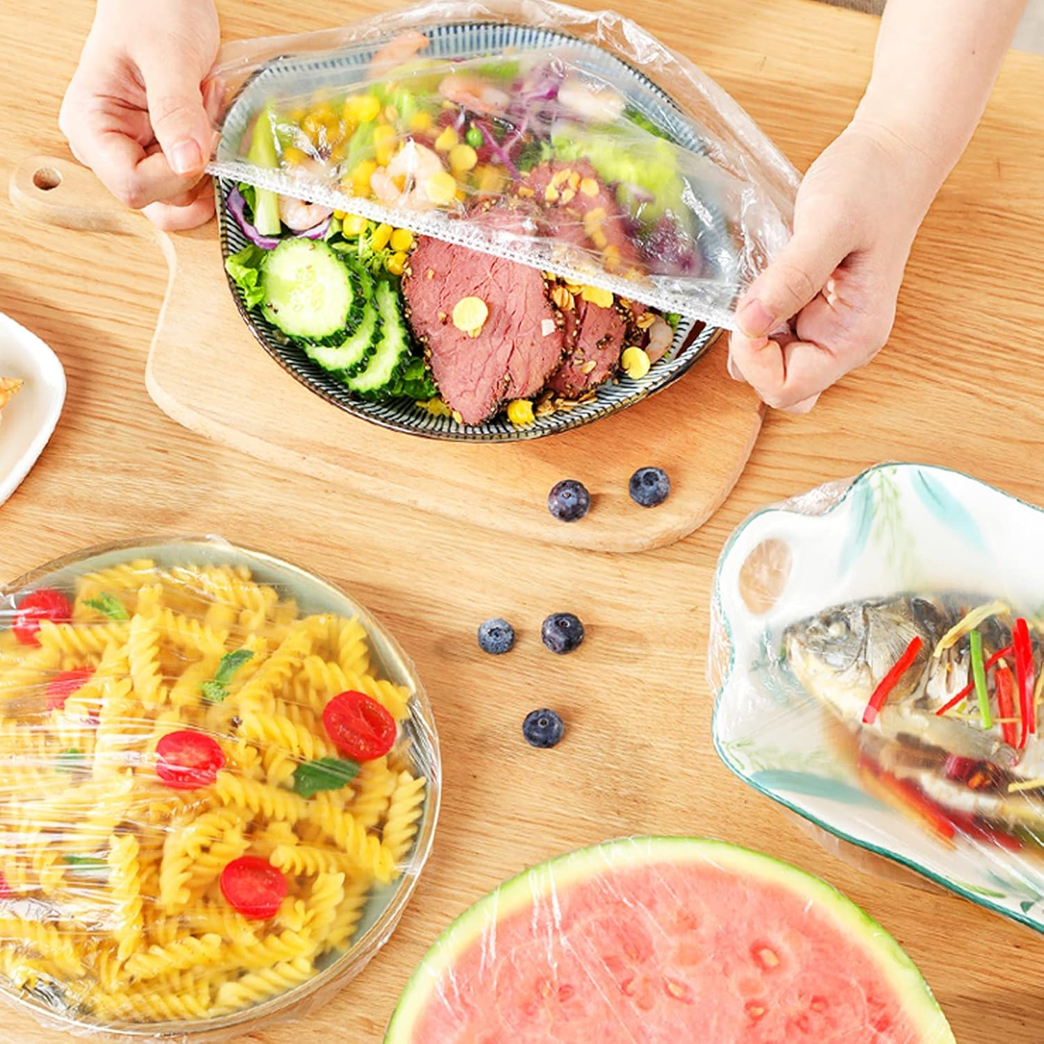 100PCS Fresh Keeping Bags Plastic Wrap Elastic Stretch Bowl Covers with Stretch PE Plastic Food Storage Covers Bowl Covers for Leftover and Meal Prep Covers Alternative to Foil for Outdoor image number 4