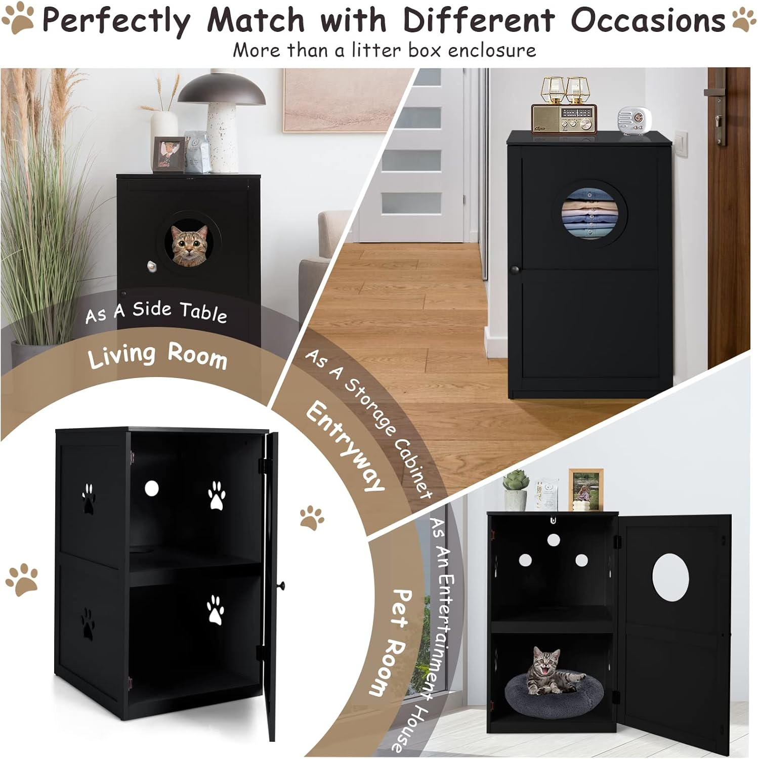 Costway 2-Tier Litter Box Enclosure, Cat House Bench W/Anti-Toppling System & Openable Door, Privacy Cat Washroom W/Multiple Vents & Entrance Hole, Side Storage Cabinet, Home, Pet Store (Black) - Black image number 5