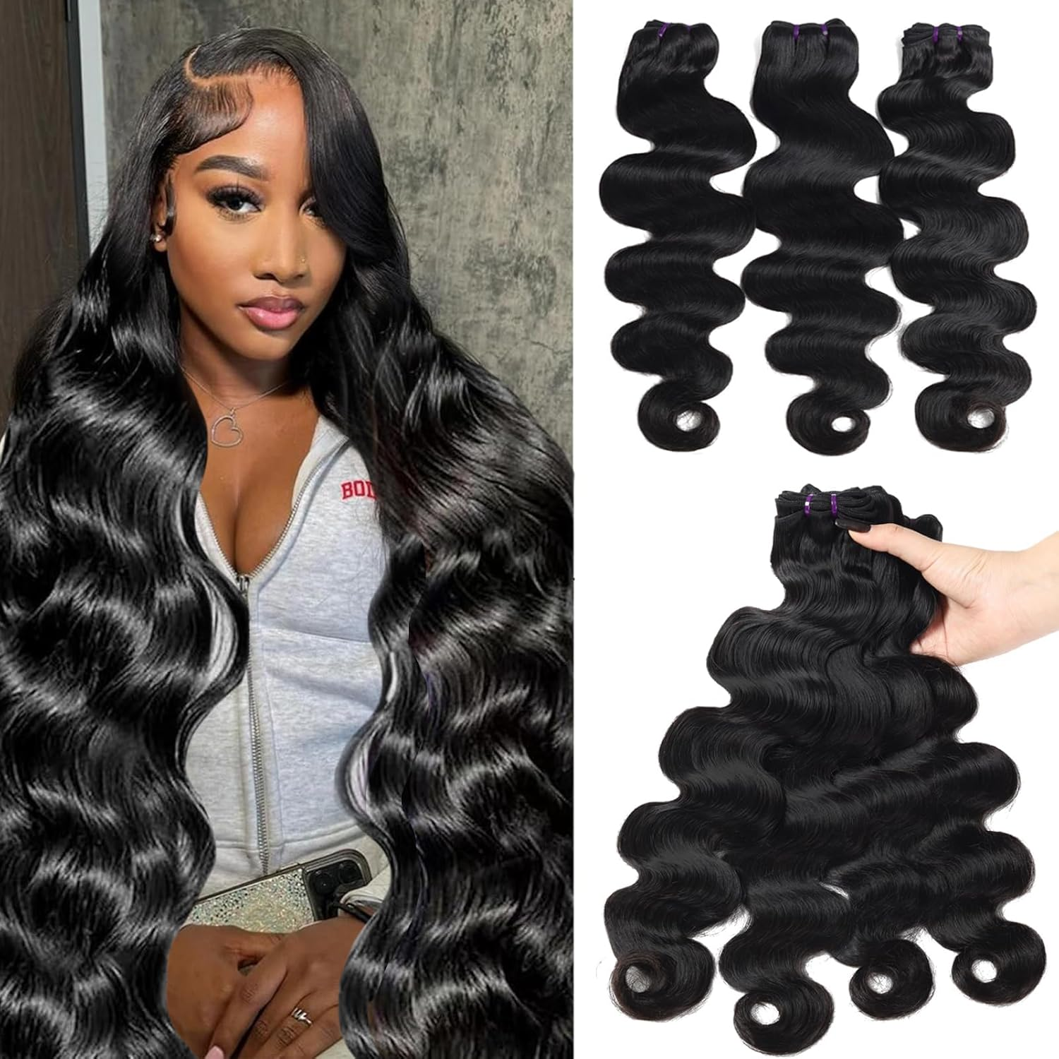 Beauty Queen 16A Body Wave Bundles Human Hair (20 18 16 Inch) 100% Unprocessed Brazilian Virgin Weave 3 Bundles Human Hair Full and Thick Remy Hair Extensions Natural Color for Women image number 1