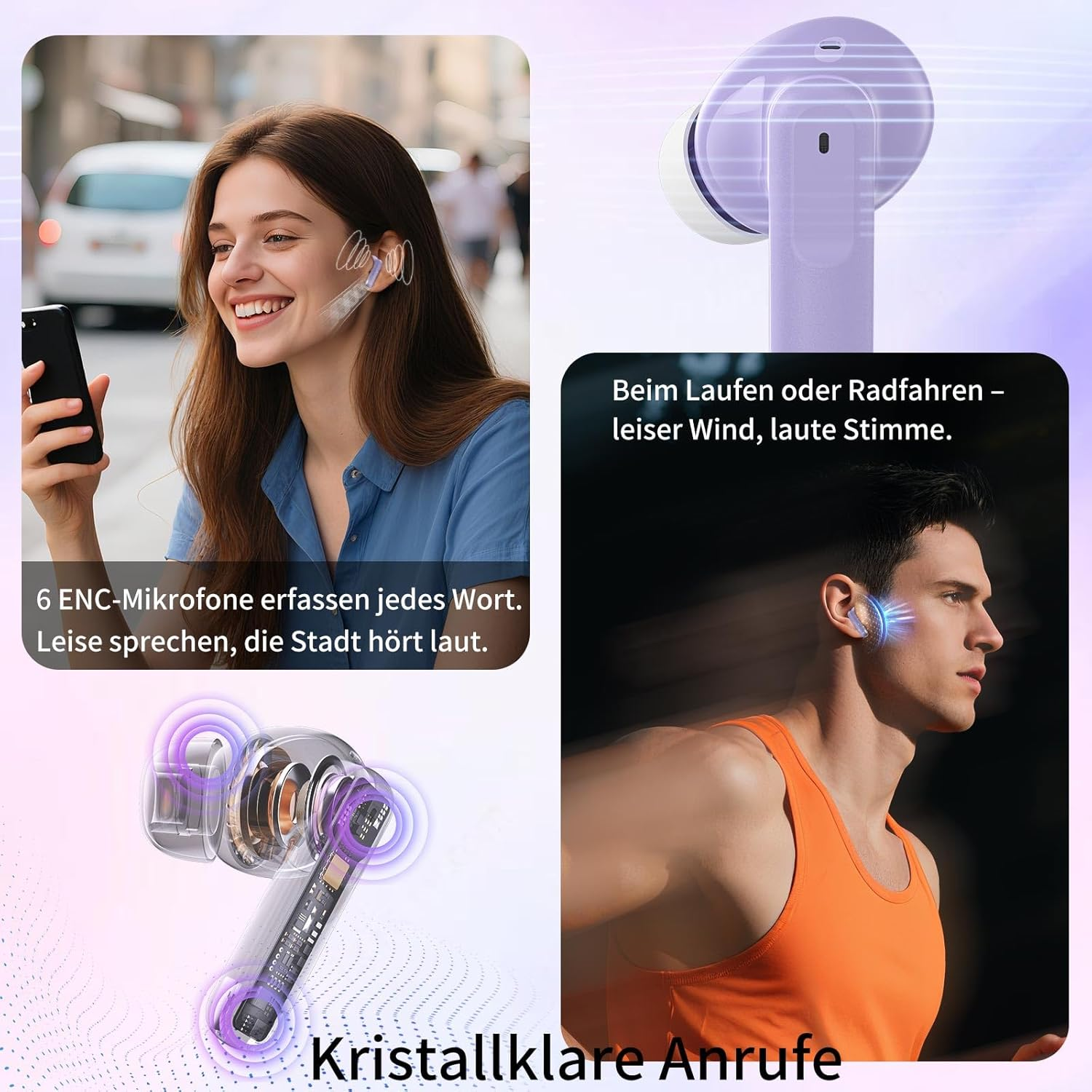 Bluetooth Headphones in Ear, 6 Microphones, ENC Noise Cancelling for Clearer Calls, Wireless Bluetooth 5.4 Hifi Deep Bass, USB C Headphones, 48 Hours, LED, IPX7 Waterproof Sports Earphones, Purple - White image number 2
