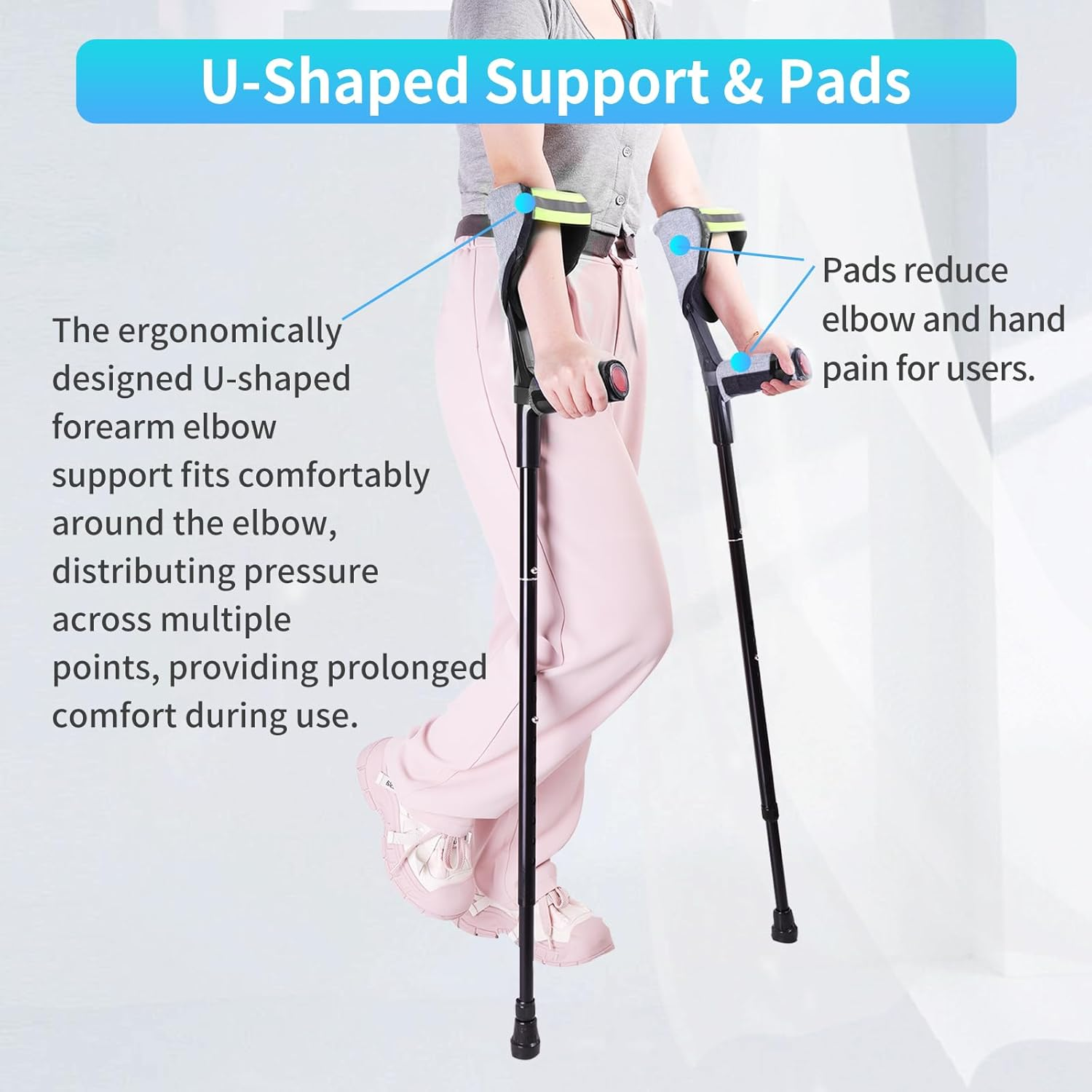 ENLUNTRA Forearm Crutches for Adults, 2 Pcs, Adjustable Arm Crutch with Elbow Strap and Cushion, Portable and Foldable Crutches, Grey Cushion image number 6