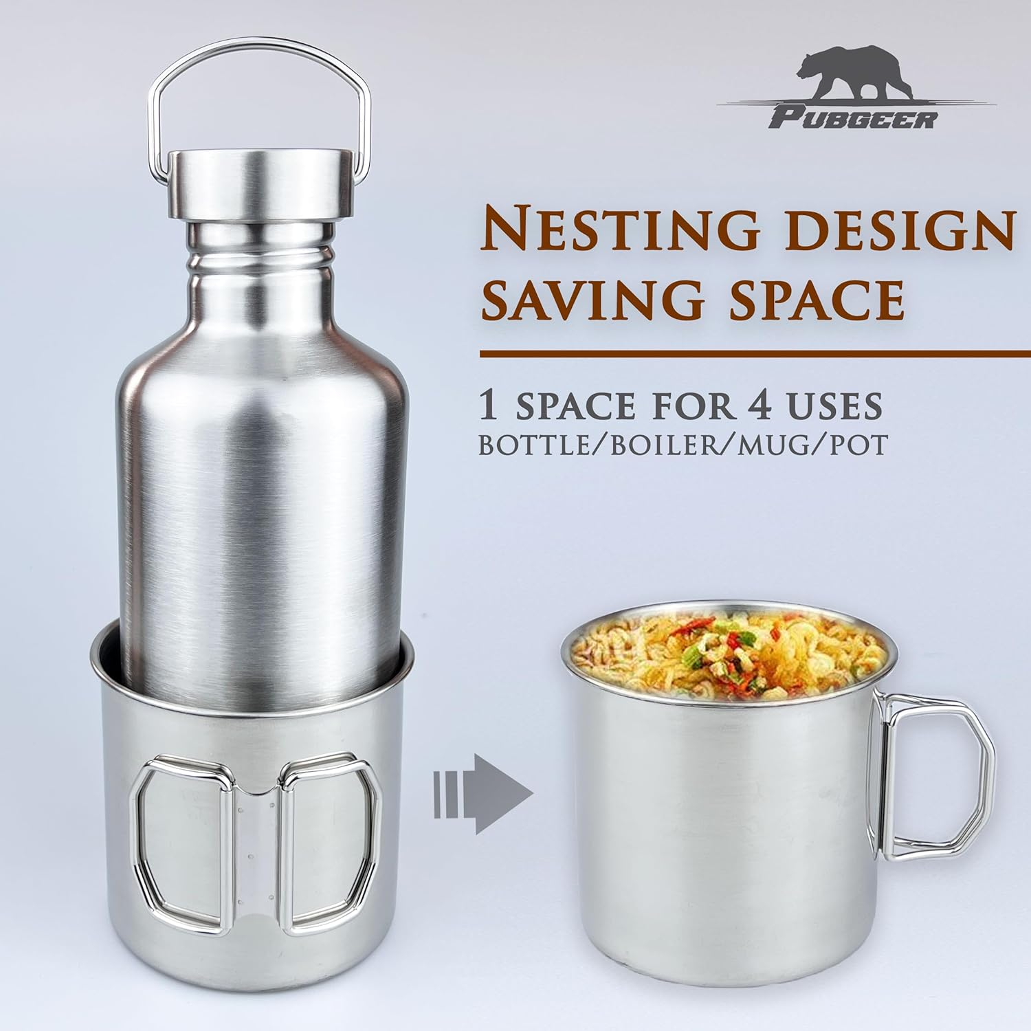 Pubgeer Canteen 42Oz Single Wall Water Bottle with 24Oz Nested Camping Cup and Carrier Bag, Stainless Steel, Bushcraft Gear, Wide Mouth Water Bottle, Survival Gear, Water Boiler, Self Reliance image number 3