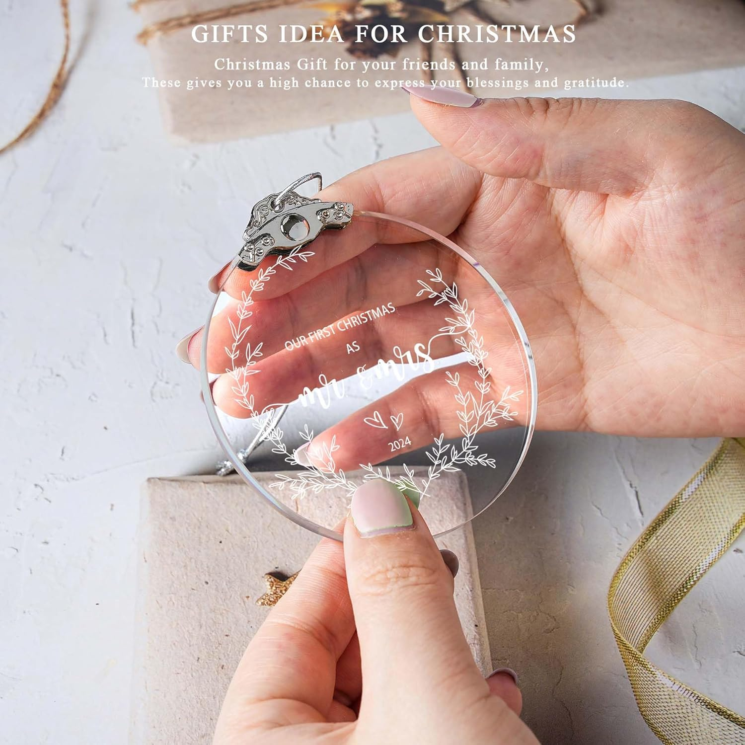 ZUNON Bridal Shower First Christmas as Mr Mrs 2024 Our Wedding Decoration Ornaments for Newlywed Holiday Party (3' Glass Our First Christmas as Mr Mrs) image number 6