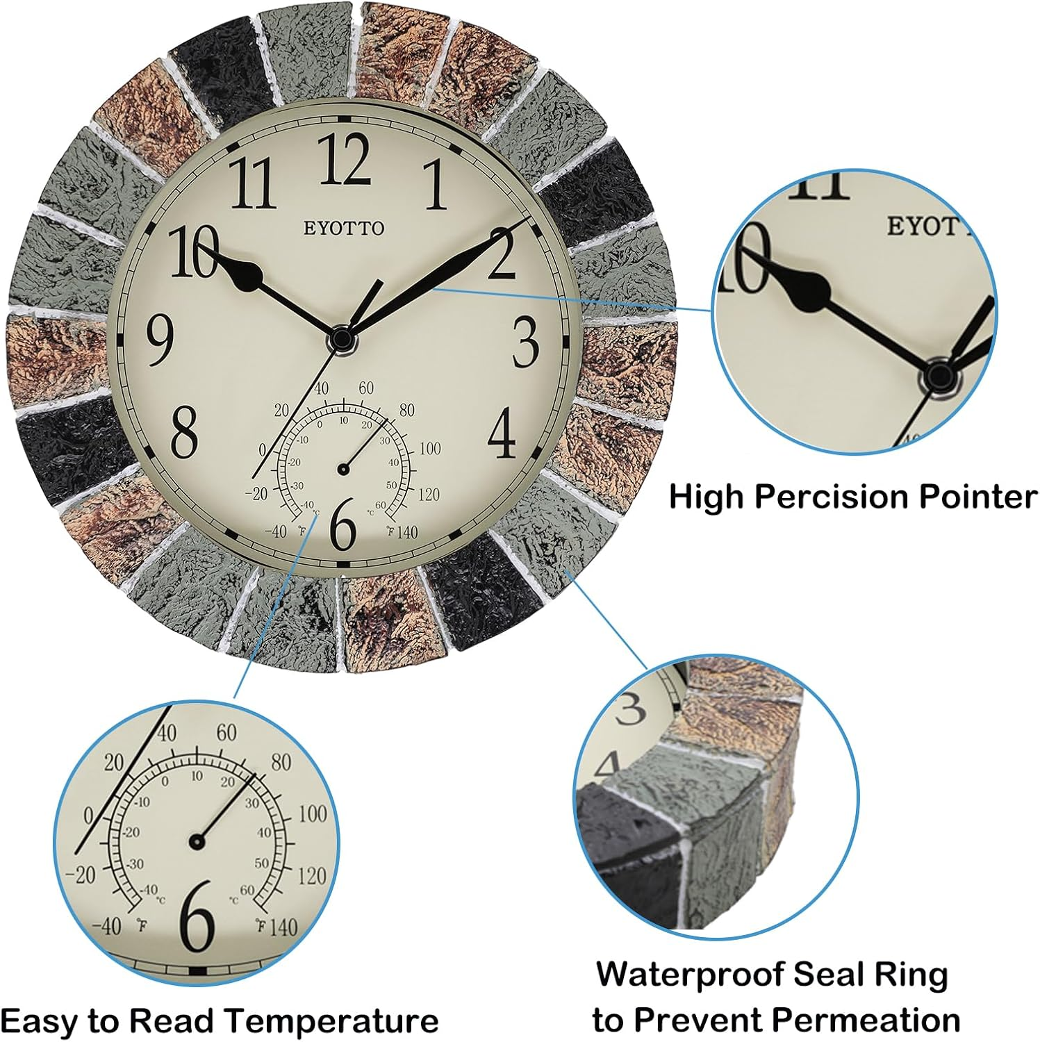 Eyotto 10 Inch Indoor/Outdoor Waterproof Wall Clock with Thermometer Silent Non-Ticking Battery Operated Wall Clocks Weatherproof for Patio, Pool, Garden, Lanai, Fence, Porch, Deck, Bathroom image number 4