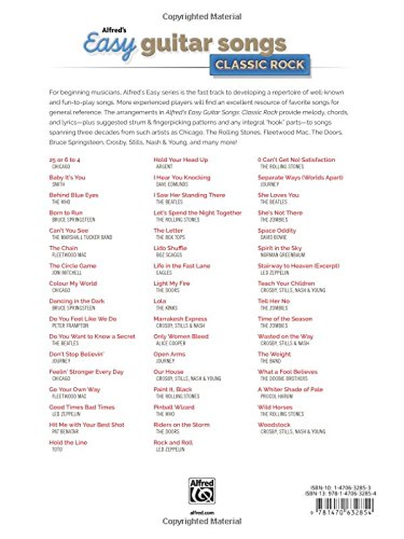 Alfred'S Easy Guitar Songs -- Classic Rock: 50 Hits of the '60S, '70S & '80S image number 1