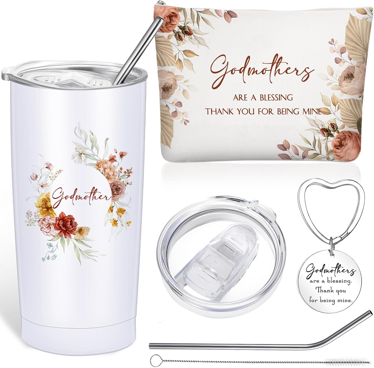 Sieral 3 Pcs Godmother Proposal Gifts Will You Be My Godmother 20Oz Stainless Steel Tumbler Makeup Bag Keychain from Godchild Christmas Birthday Baptism Mother'S Day Gift for God Mom(Boho Flowers) image number 2