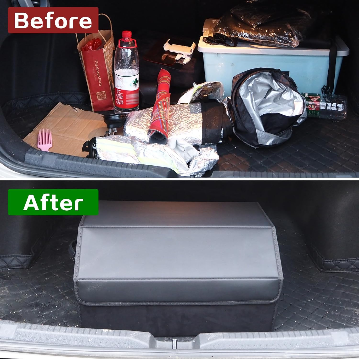 Trunk Organizer for SUV Sedan, Car Boot Organizers, Suede Nappa Leather Storage Box, Collapsible Adjustable Multi Compartment Magnetic Lid, Car Storage Boot Tidy Organizer Accessories (Black) image number 3