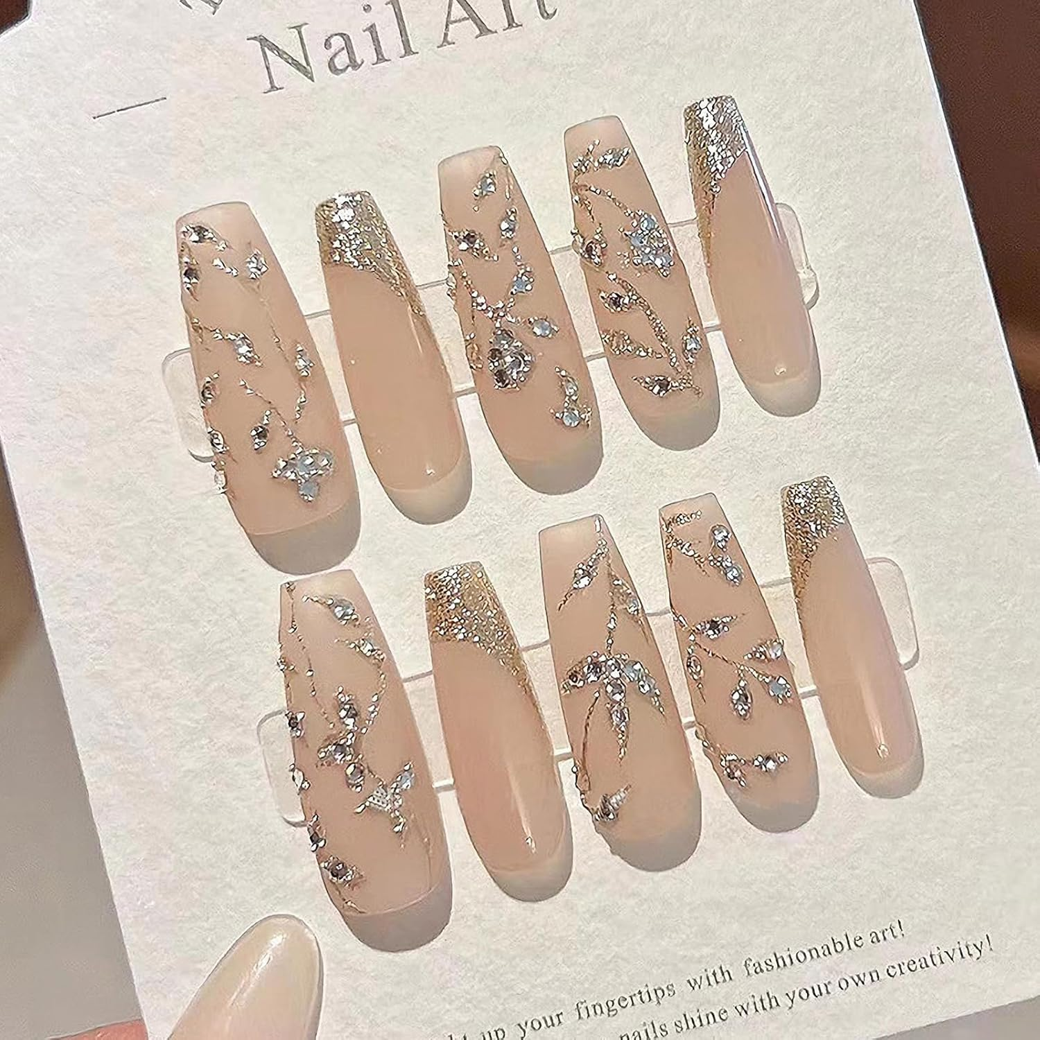 MISUD Press Nails Long Coffin False Nails Glossy Glue on Nails Gel Nude Acrylic Nails Bling Gold Glitter French Tip Ballerina Artificial Nails 3D Flower Rhinestone False Nails with Di - 03118Nude image number 6