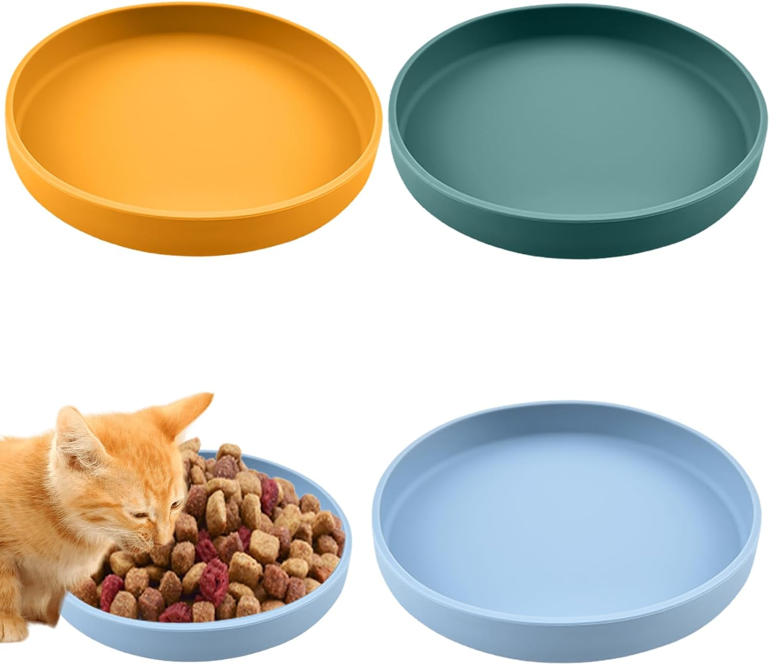 Pack of 3 Cat Bowls, Cat Feeding Bowls, Tricolour Cat Bowls, 18 Cm Silicone Bowl, Wide Cat Bowl, for Dry Food and Wet Food (Blue, Green, Yellow)