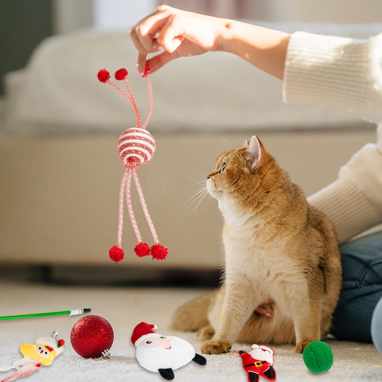 6Pcs Christmas Cat Toys Set, Interactive Toy for Cats with Gift Box Christmas Cat Plush Toy with Bells, Cat Teaser Wand, Santa Christmas Kitten Toys Indoor Cat Ball Toys Christmas Toy Gifts for Kitten image number 3