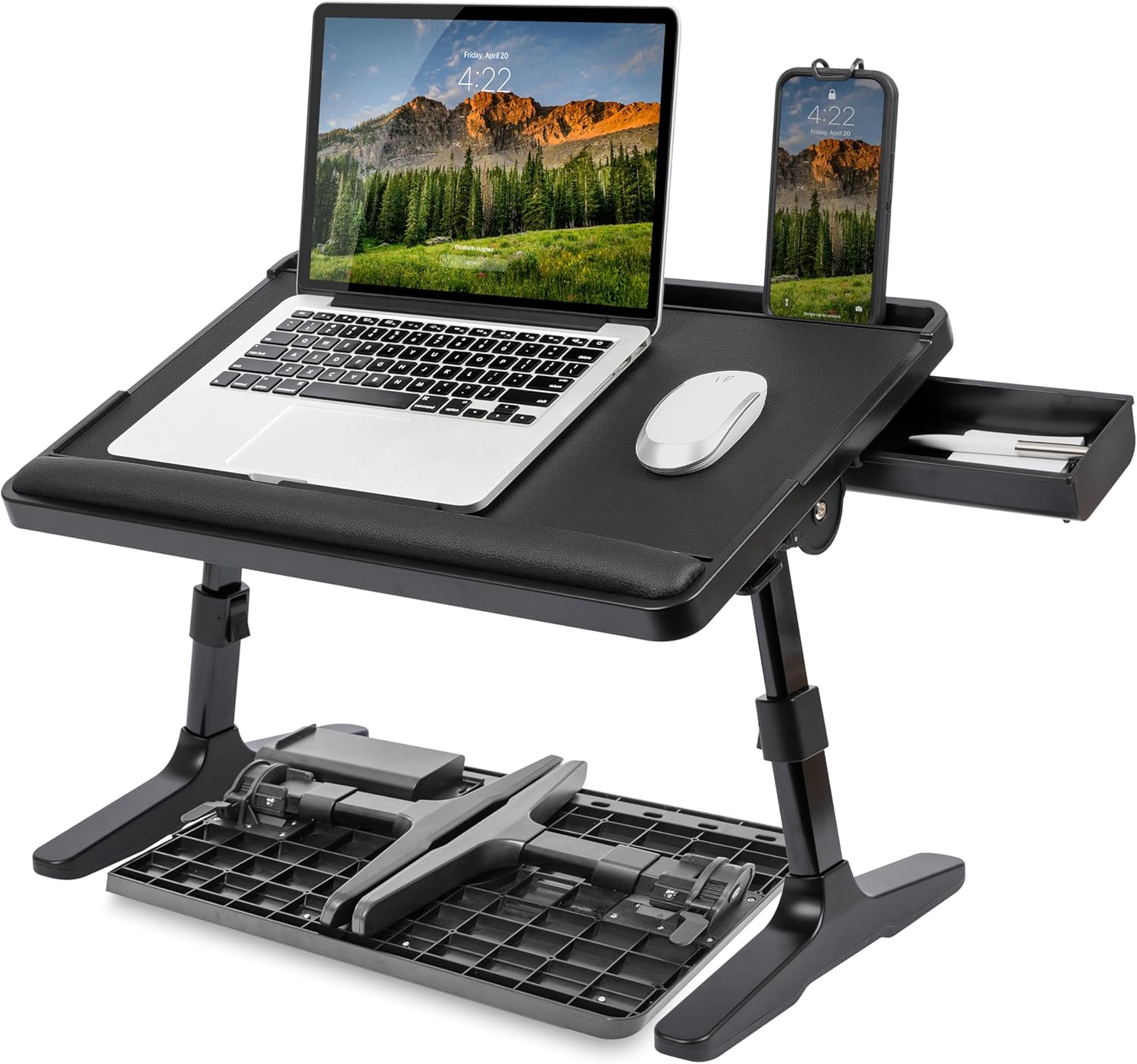 LAPGEAR Easy Tilt Leather Laptop Bed Desk with Adjustable Legs, Wrist Rest, Media Slot, and Built-In Storage - Gray - Fits up to 17 Inch Laptops - Style No. 78505