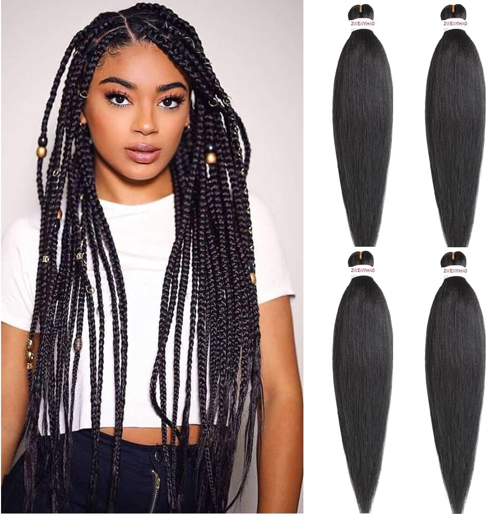 Pre Stretched Braiding Hair Extensions 26 Inch 4 Packs 90G/ Pack Easy Braid EZ Braid Synthetic Fiber Yaki Texture Hot Water Setting Crochet Twist Hair Extensions #1B Natural Black image number 1