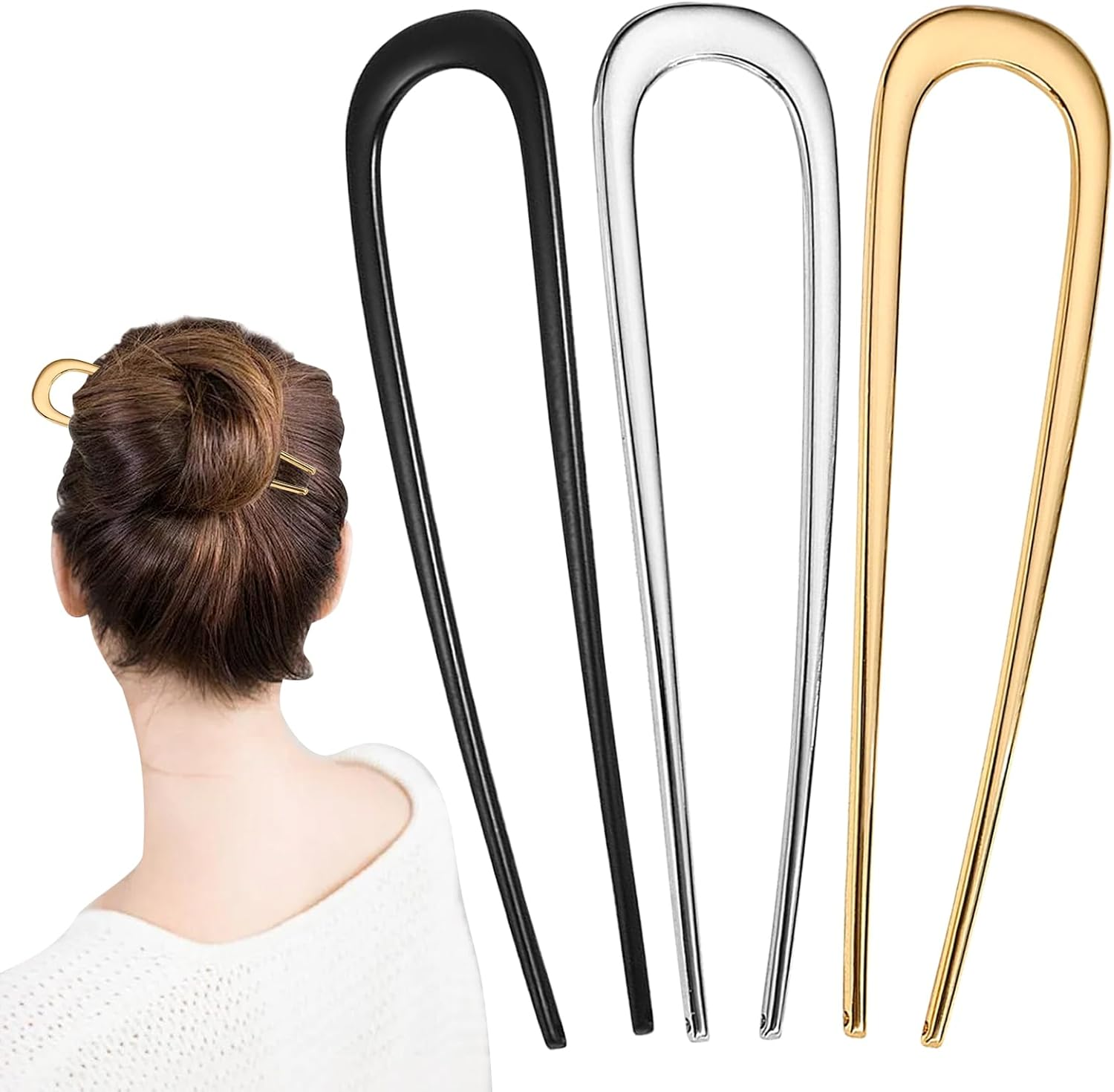 YONOY 3Pcs Metal French Hair Pins,U-Shaped Long Chignon 2 Prong Sticks for Buns, French Twist Hair Pin, Hair Sticks, Hair Fork(Black, Gold, Silver) image number 1