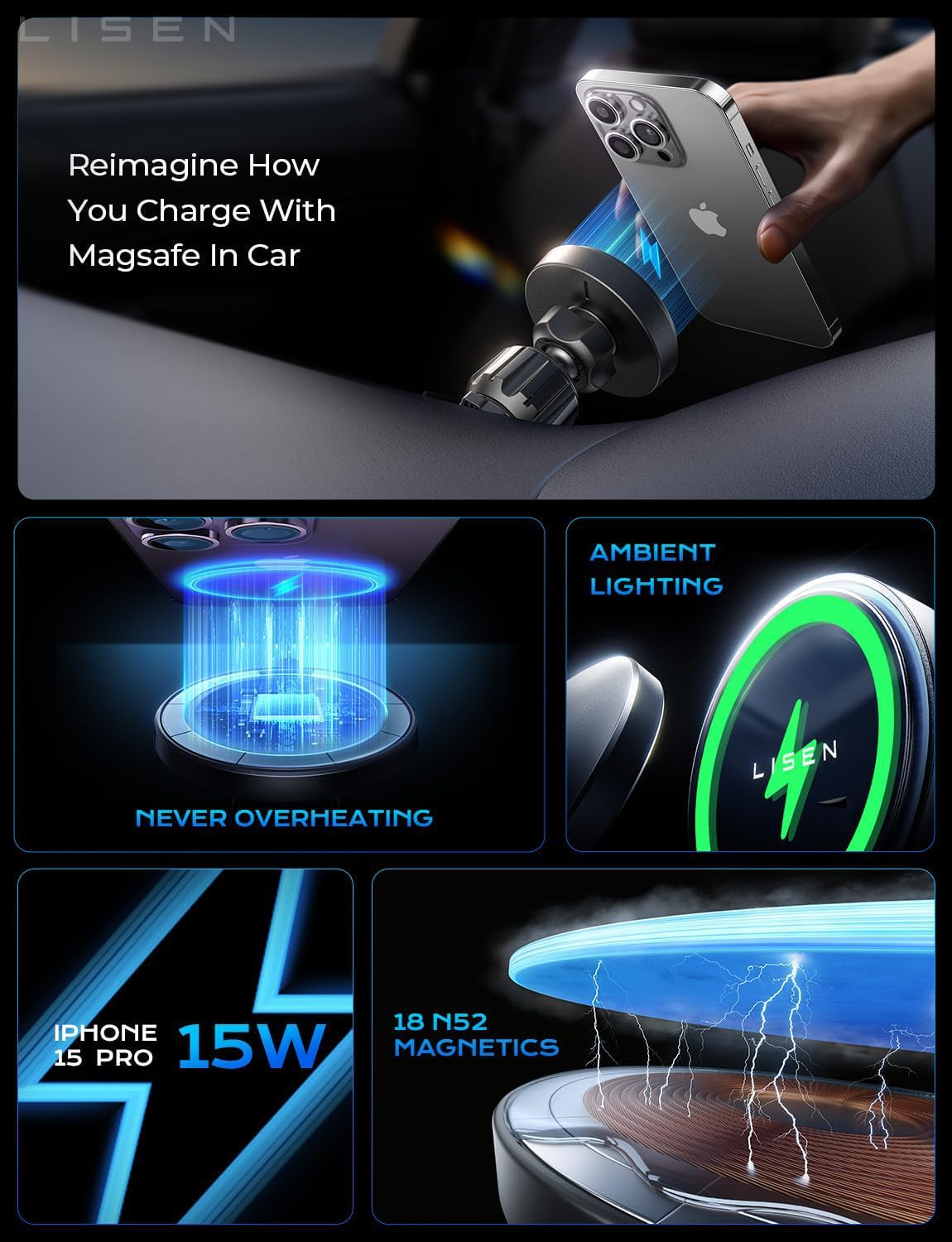 LISEN for 15W Magsafe Car Mount Charger,Magnetic Wireless Cars Charger,Magnetic Phone Holder for Cars,Phone Holders for Your Car Accessories for Women Men Jeep Ford F150 for Iphone 17-12,Samsung,Pixel
