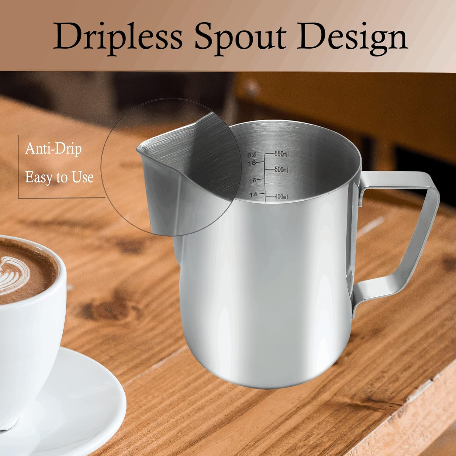 Yowamho Milk Frothing Pitcher,600Ml(20Oz) Quality Milk Jug Cup SUS304 Stainless Steel,Steaming Pitchers Frothing Jug Measurements inside for Milk Coffee Cappuccino Latte,Silver image number 1