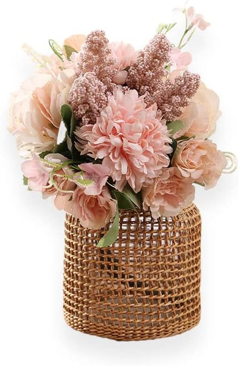 Decorative Glass Vase with Rattan Cover,Vintage Vase for Flower Wide Vase Floral Container for Dry Faux Flower Arrangements Home Decor (Wide-10.5Cm*11.5Cm*8.2Cm) image number 6