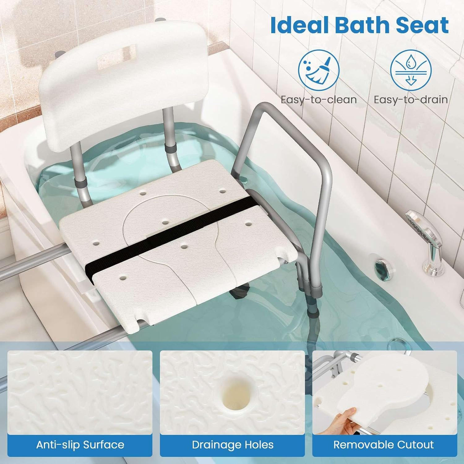Costway Sliding Tub Transfer Bench, Height Adjustable inside Bathtub Chair with Extra-Wide Seat, Backrest, Armrest and Safety Belt, Non-Slip Shower Chair for Elderly and Disabled image number 6