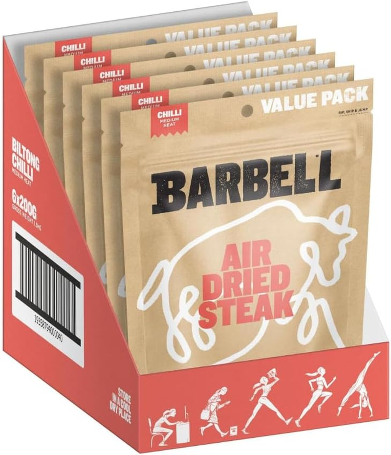 Barbell Biltong Air Dried Steak, Chilli, 6X200G Bags Mild Spiced Flavour, High Protein Snack, Ideal for On-The-Go, Gluten-Free, Preservative-Free, Bite-Size Pieces, Long Shelf Life image number 2