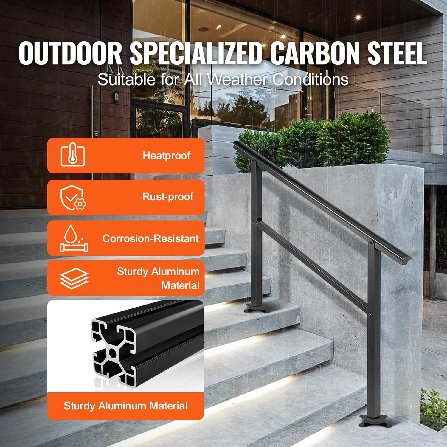 VEVOR Black Powder Coated Aluminum Handrail for Outdoor Steps, 3-4 Steps, 48 X 35.5In, 165Lbs Weight Capacity image number 6