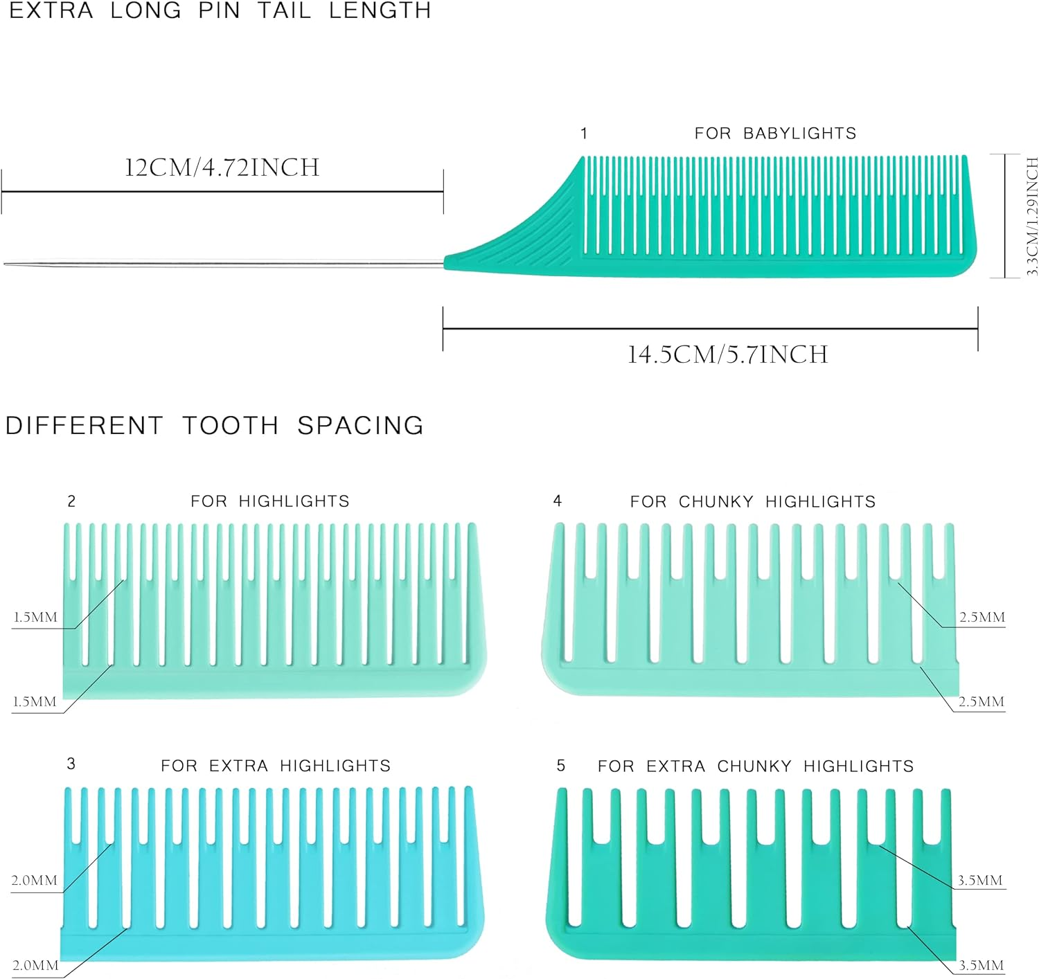Vellen Professional Hair Highlighting Comb Set &ndash; 5 Sizes for Balayage & Foiling &ndash; Heat Resistant PEI Plastic (220&deg;C) &ndash; Anti-Static, Durable, Chemical Resistant &ndash; Includes Extra Long Stainless Steel Needle &ndash; Stylist & Salon Grade (Mint/Blue, 5Pcs) - Black image number 6