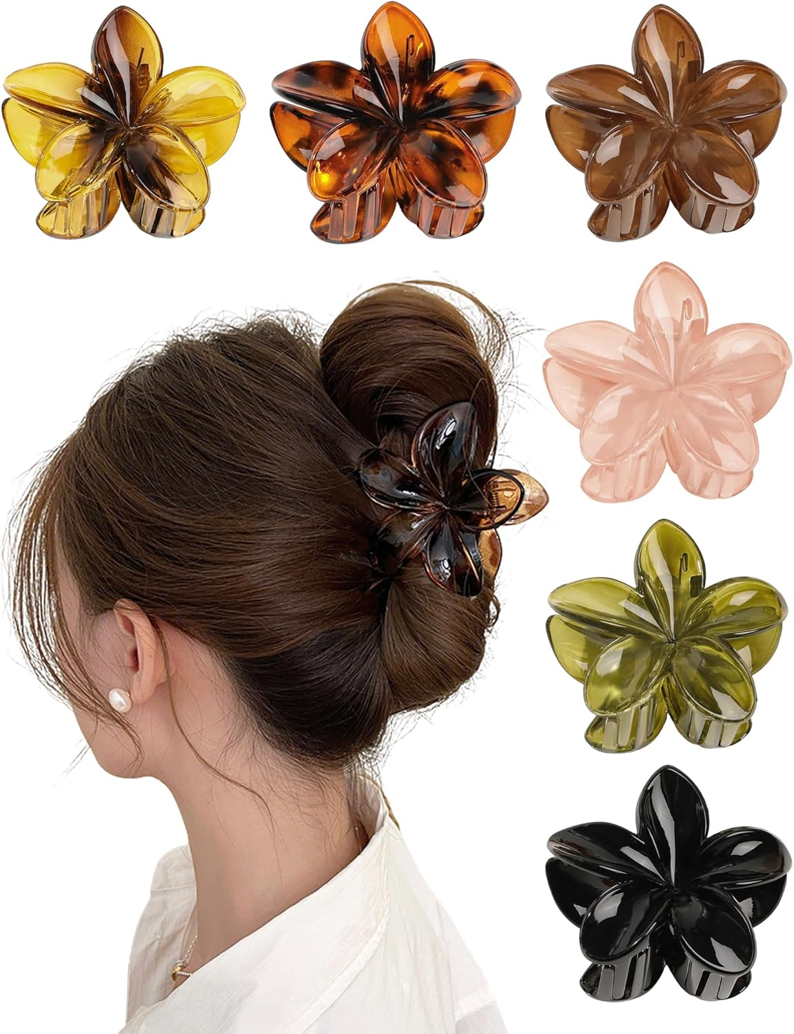 Hawaiian Plumeria Hair Accessories，6 Pcs Flower Claw Clips for Women，Strong Hold Nonslip Beach Tropical Hair Clips for Thick and Thin Hair (Amber)