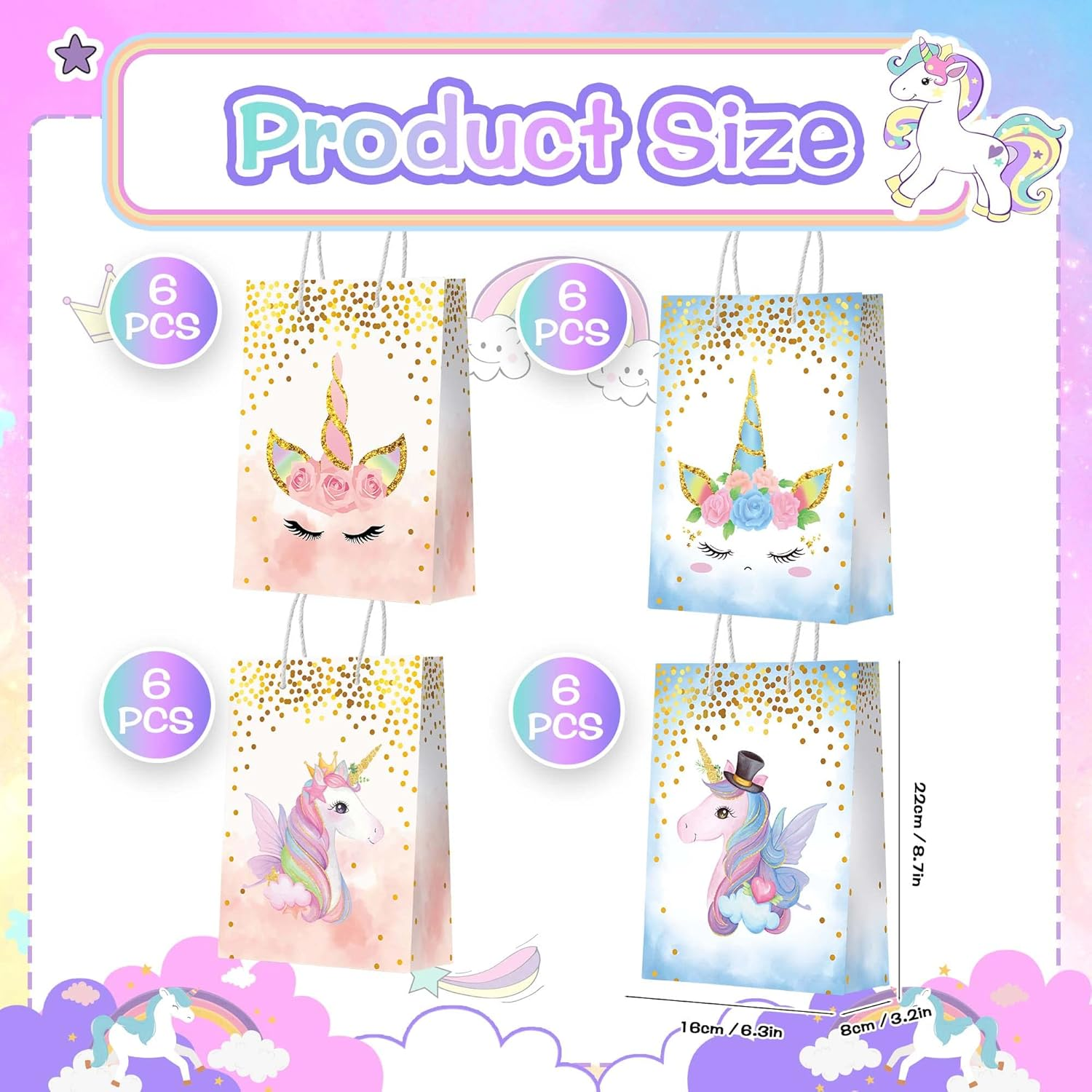 24Pcs Unicorn Party Favor Bags Unicorn Goodie Gift Treat Candy Bags Reusable Goody Kraft Paper Bag with Handle for Party Supplies Birthday Decorations image number 1