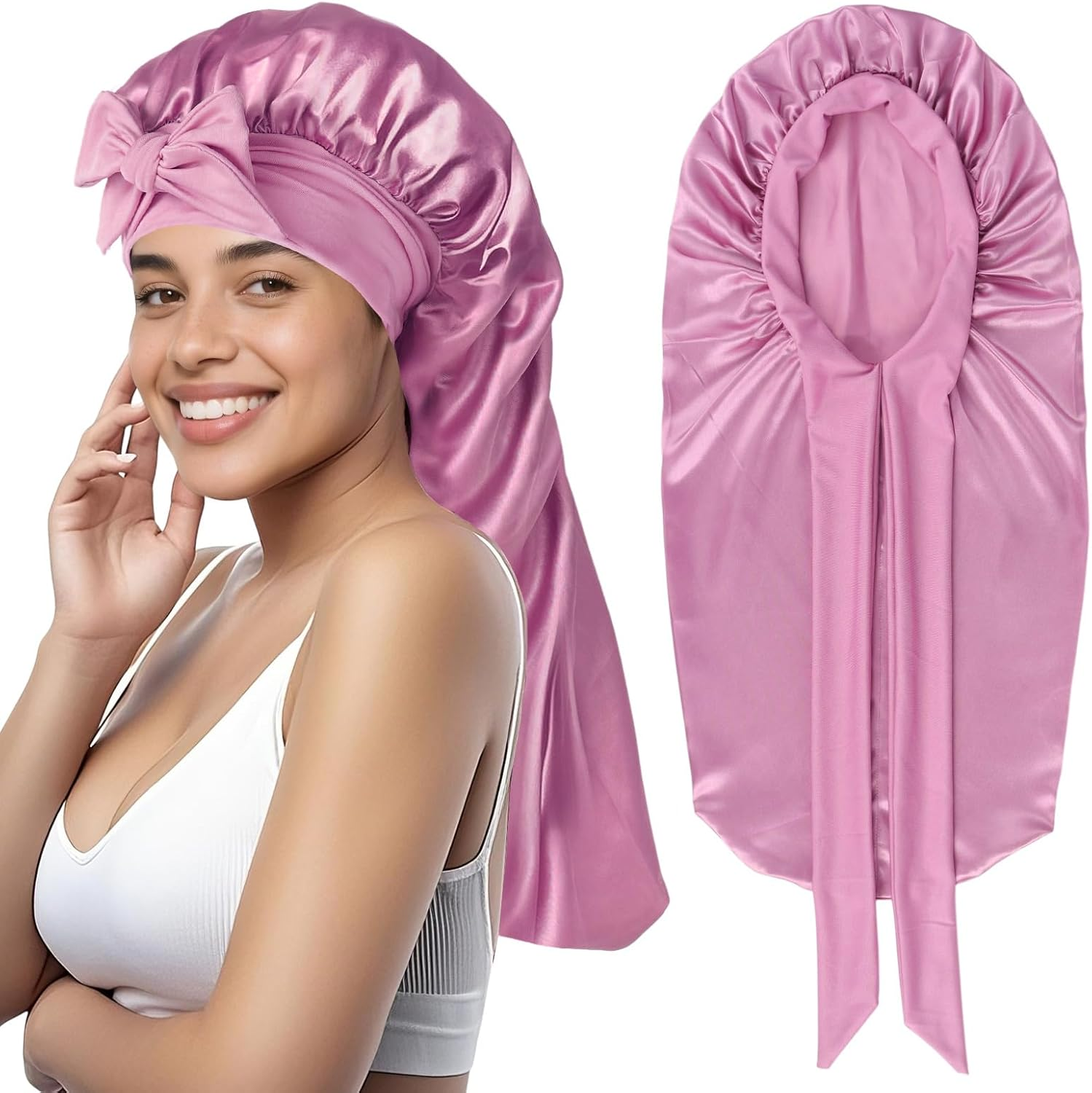 Long Satin Hair Bonnet, Adjustable Silk Bonnet for Women