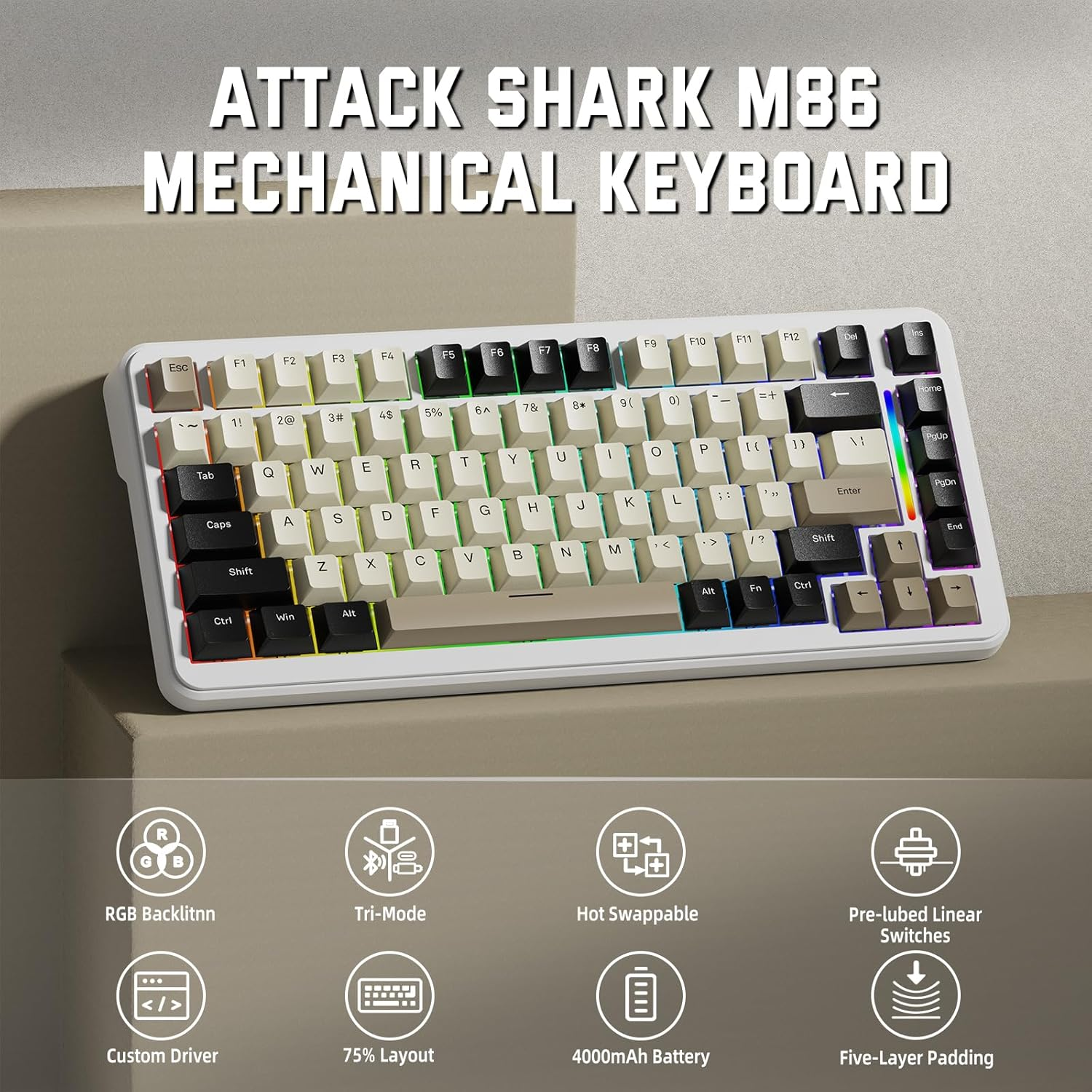 Lexonelec X Attack Shark M86 Pro Wireless Mechanical Keyboard, Tri Mode-Bt/2.4G/Wired, 4000Mah, Hot-Swappable Linear Switch, PBT Keycap, QWERTY, RGB Backlit Gaming Keyboard with Coiled Cable(White) image number 1