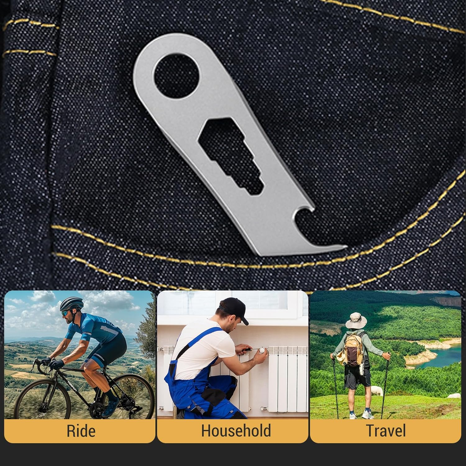 Titanium EDC Pry Bar Bottle Opener Keychain Pry Bar Nut Wrench, Screwdriver, Bicycle Hub Spoke Wrench Multi Tool, Equipment Tools for Camping, Hiking