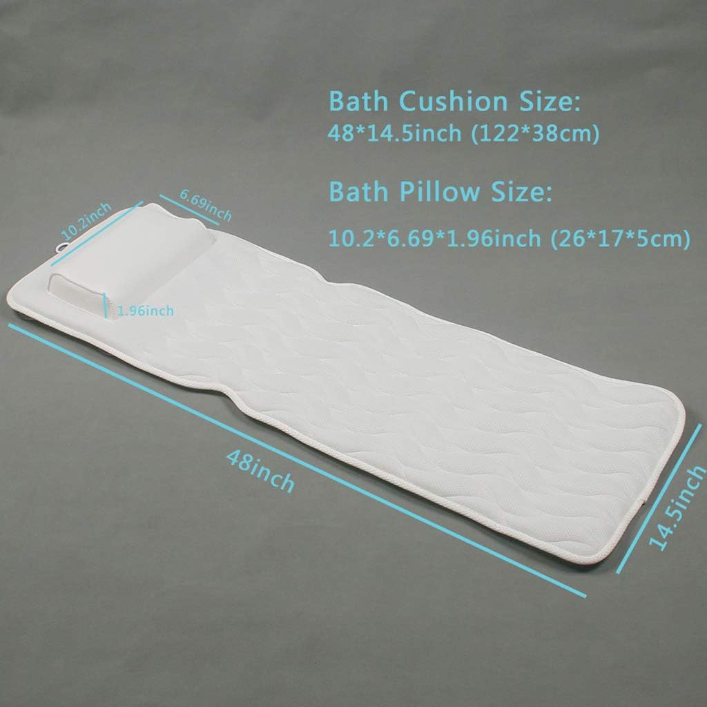 Full Body Spa Bath Pillow Cushion, Bathtub Cushion Mattress with 10 Large Non Slip Suction Cups, Comfort Head Rest and Back & Tailbone Support