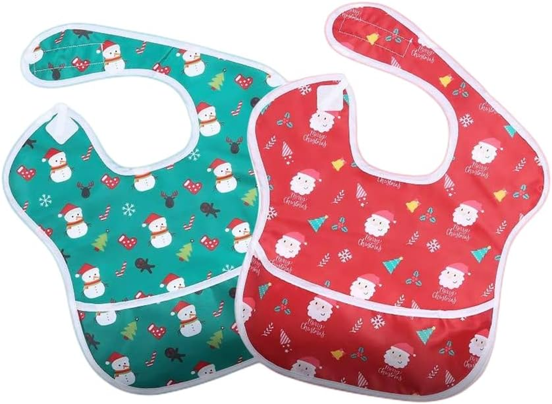 Christmas in July，Little Dimsum Feeding Baby Bibs Waterproof Drool Christmas Bib Coverall 2 PCS Set Adjustable Closure for Babies Toddlers with Large Pocket（Snowman&Santa）