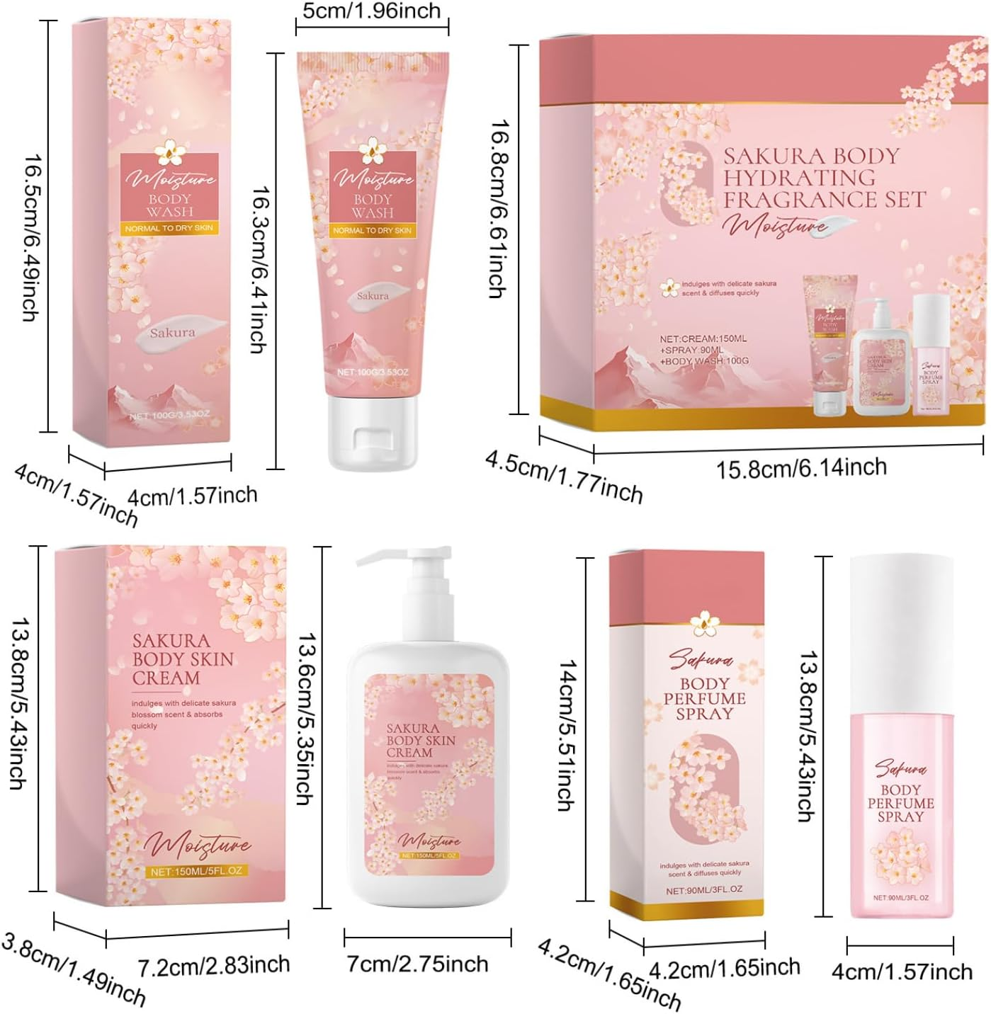 Jugaoge Refreshing Cherry Blossom Scented Body Wash Cream and Perfume Set 3 Piece Kit for Hydrated Skin Pink One Size