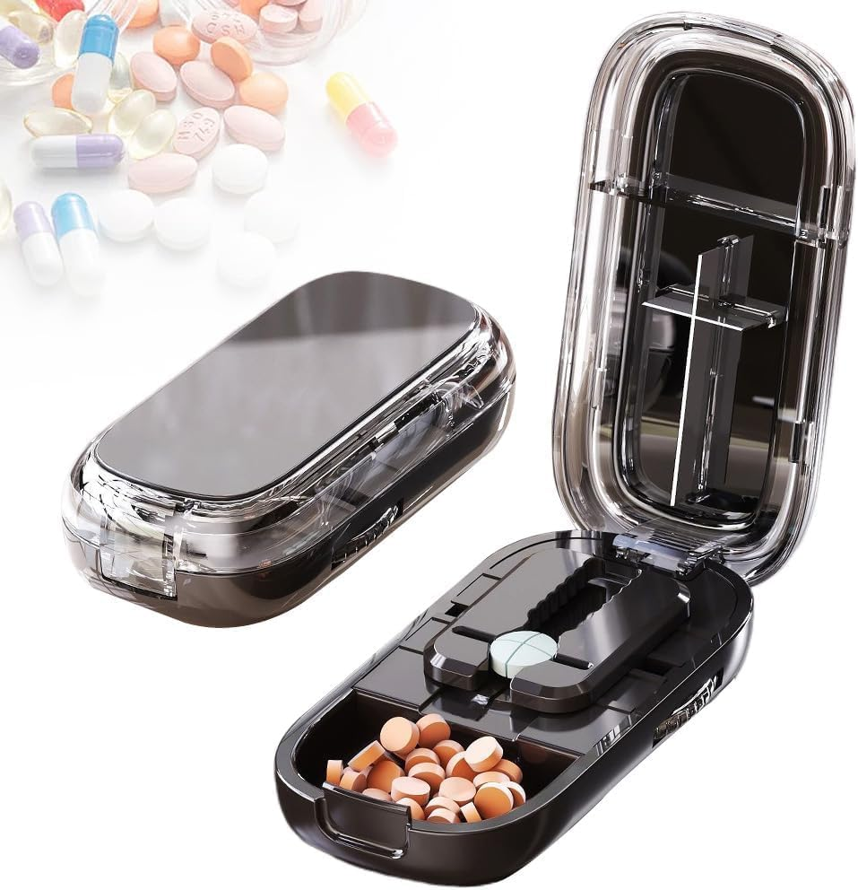 2025 Upgraded Portable Pill Cutter, Pill Splitter for Large Small Tiny Pills, 2 in 1 Pills Cutter & Storage Organizer for Purse Pocket Home Travel (Black-1/2)