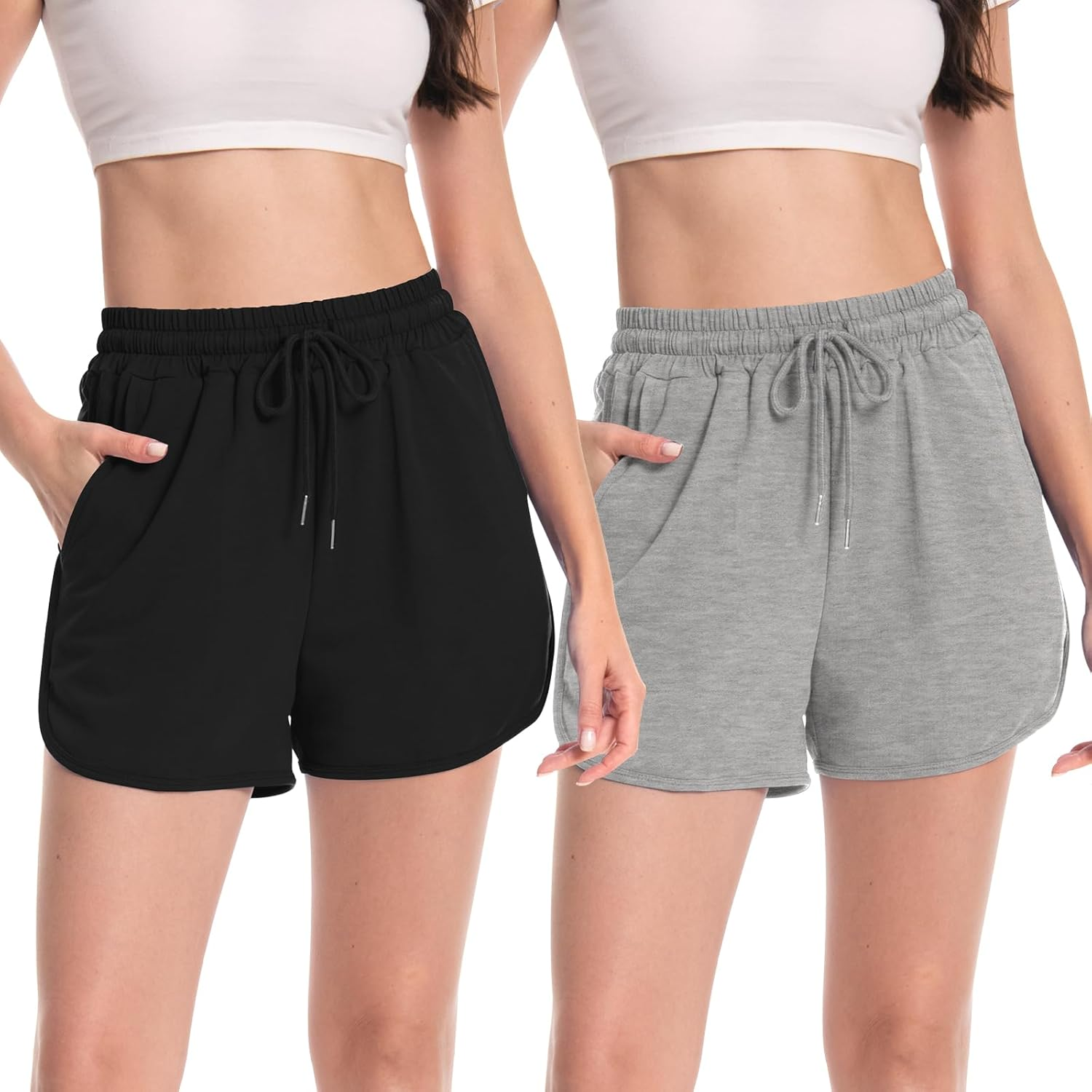 Rolcoassuns 2 Pack Womens Running Shorts Jogger Casual Cotton Sweat Shorts Comfy Lounge Bermuda Hiking Sports Athletic Tracksuit Bottoms with Pockets