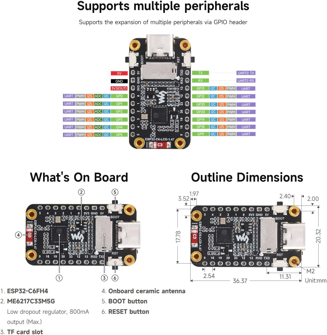 Waveshare ESP32-C6 1.47Inch Display Development Board, 172&times;320, 262K Color, 160Mhz Running Frequency Single-Core Processor, Supports W-F 6 & BLE, with Colorful RGB LED, ESP32 with Display
