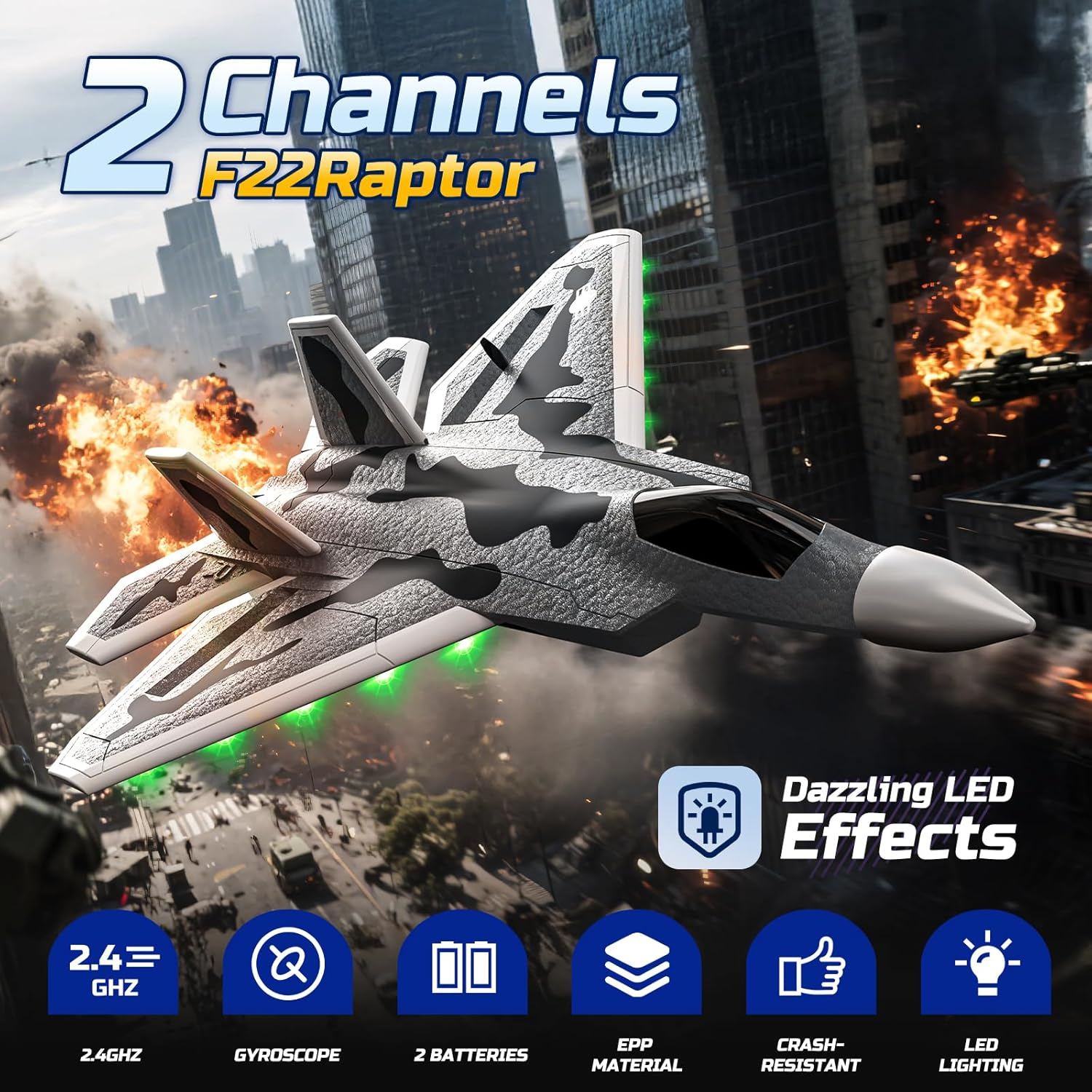 DEERC F22 Raptor 2CH RC Plane for Kids Beginners,Remote Control Airplane Fighter Toys,2.4Ghz 6-Axis Gyro Stabilizer RTF Glider Aircraft Plane with 2 Batteries,Easy to Fly for Boys Adults image number 1