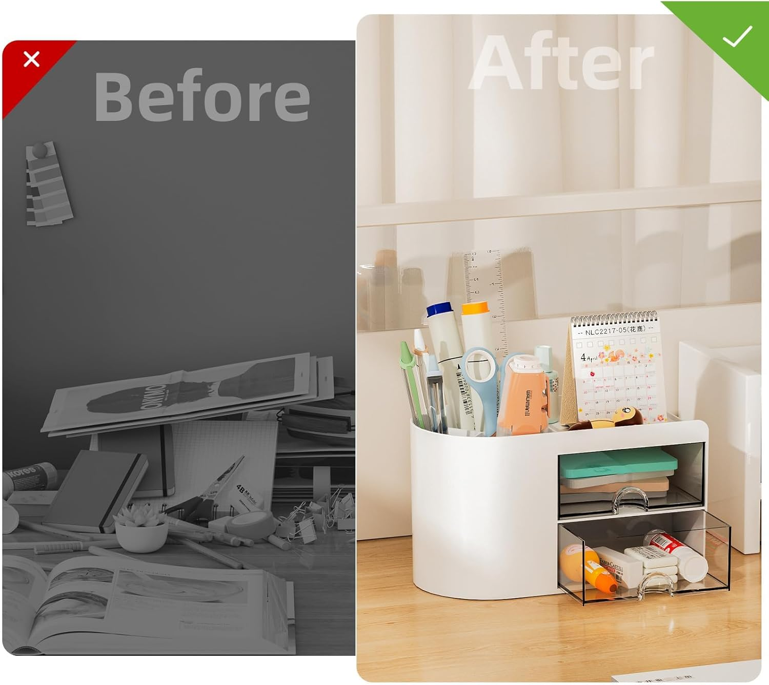 Office Desk Organizer with Drawer, Pencil Pen Holder for Desk, Cute Desktop Stationery Organizer, Business Card/Pen/Pencil/Stationery Holder Storage Box image number 4