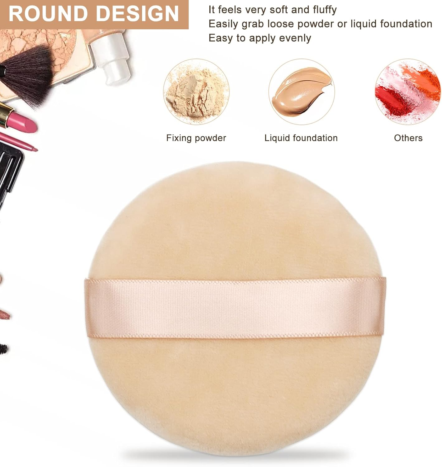 12 Pieces Cotton Powder Puff,3.15 Inch round Portable Soft Sponge Cosmetic Puffs,Velvet Powder Puff with Ribbon Band Handle for Loose Powder Body Powder Makeup Tool