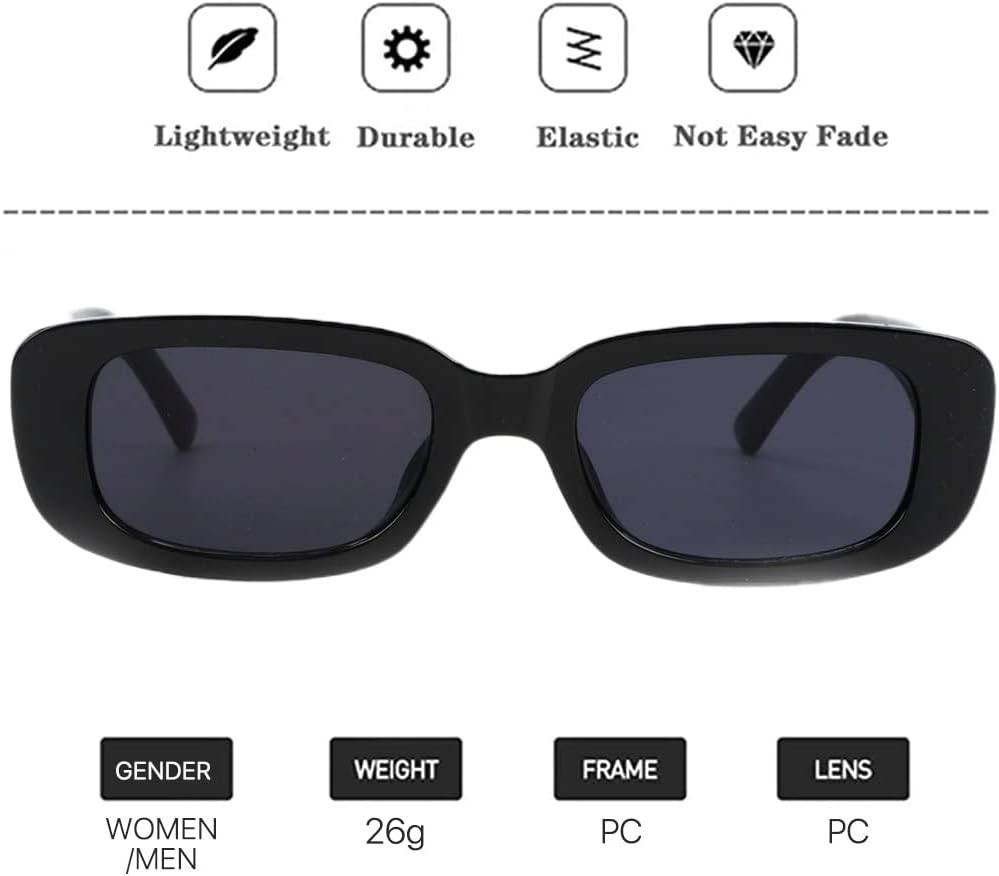 2 Pack Retro Fashion Rectangle Sunglasses Small Square Frames Sun Glasses 90S Vintage Wide Frame Eyewear for Women and Men UV 400 Protection image number 3