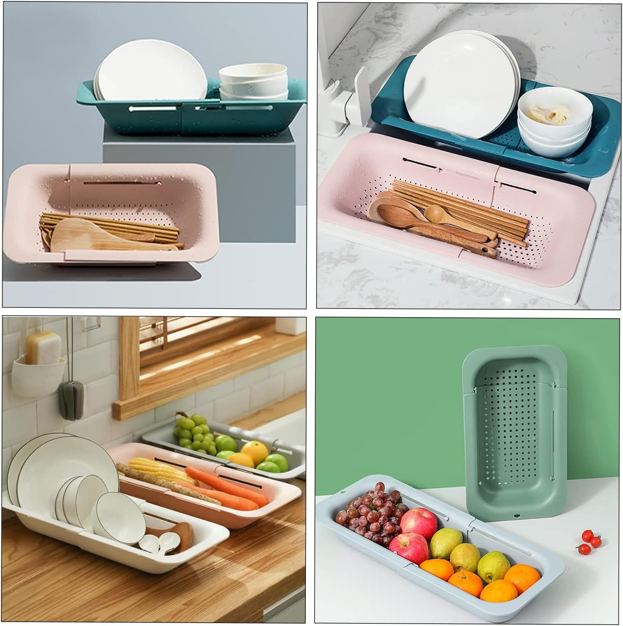 Over the Sink Colander Strainer Basket, QNLEMON Retractable Strainers for Cleaning Fruits and Vegetables, Draining Pasta, Home Kitchen Essentials (Pink) - Grey image number 7