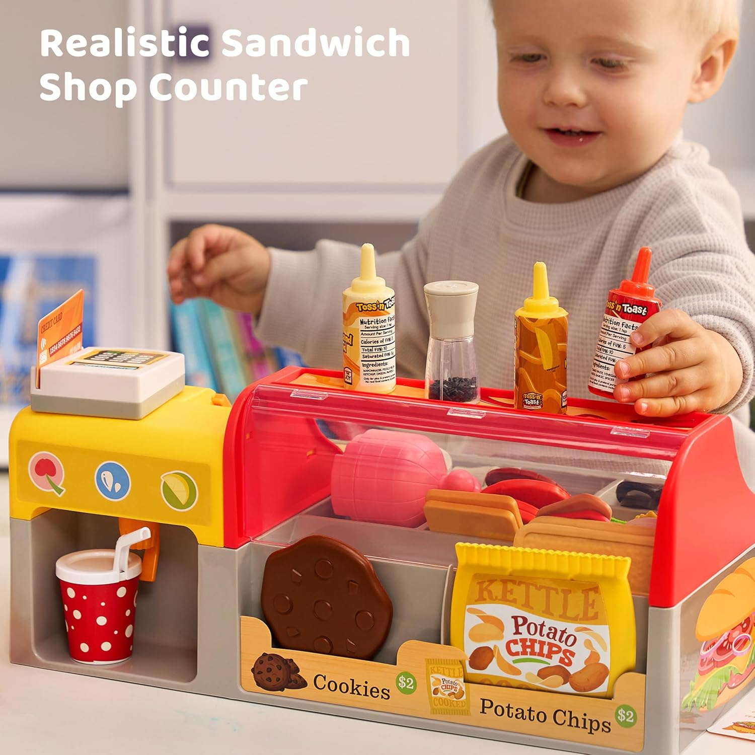 Pretend Play Food Toy for Kids Toddlers, Play Kitchen Accessories Include Sandwich Maker Toy with Slicer for Ham, Menu and Ingredients, Play Restaurant Food Toy for Girls Birthday Gift image number 3