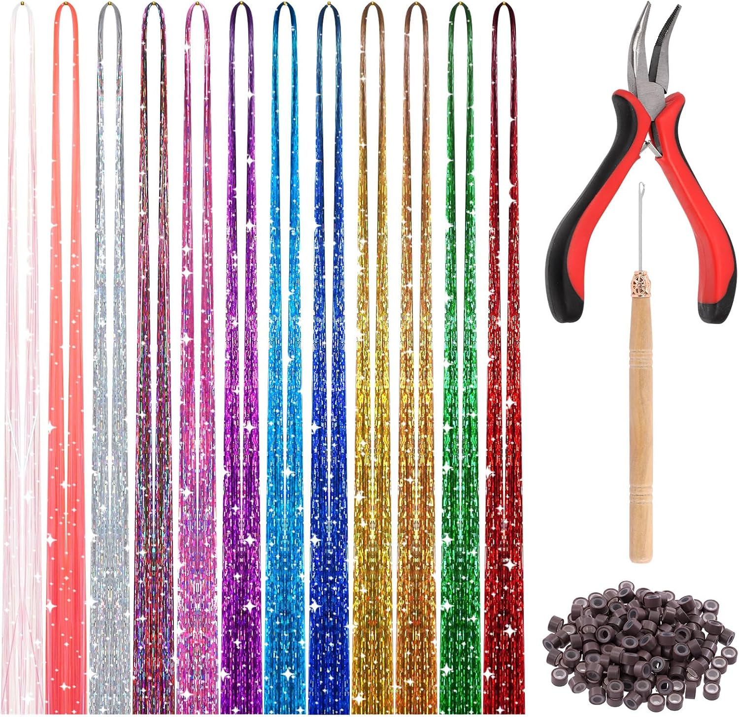 Tanstic 214Pcs Hair Tinsel Kit, 12 Colors 2400 Strands Tinsel Hair Extensions Glitter Hair Extension Sparkling Hair Tinsel Heat Resistant with Tools for Christmas, New Year, Party(47 Inches)